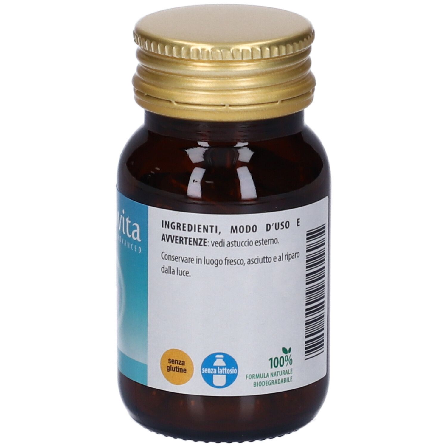 Flacone marrone con tappo dorato. Etichetta con informazioni prodotto. Scritta '100% naturale biodegradabile'.