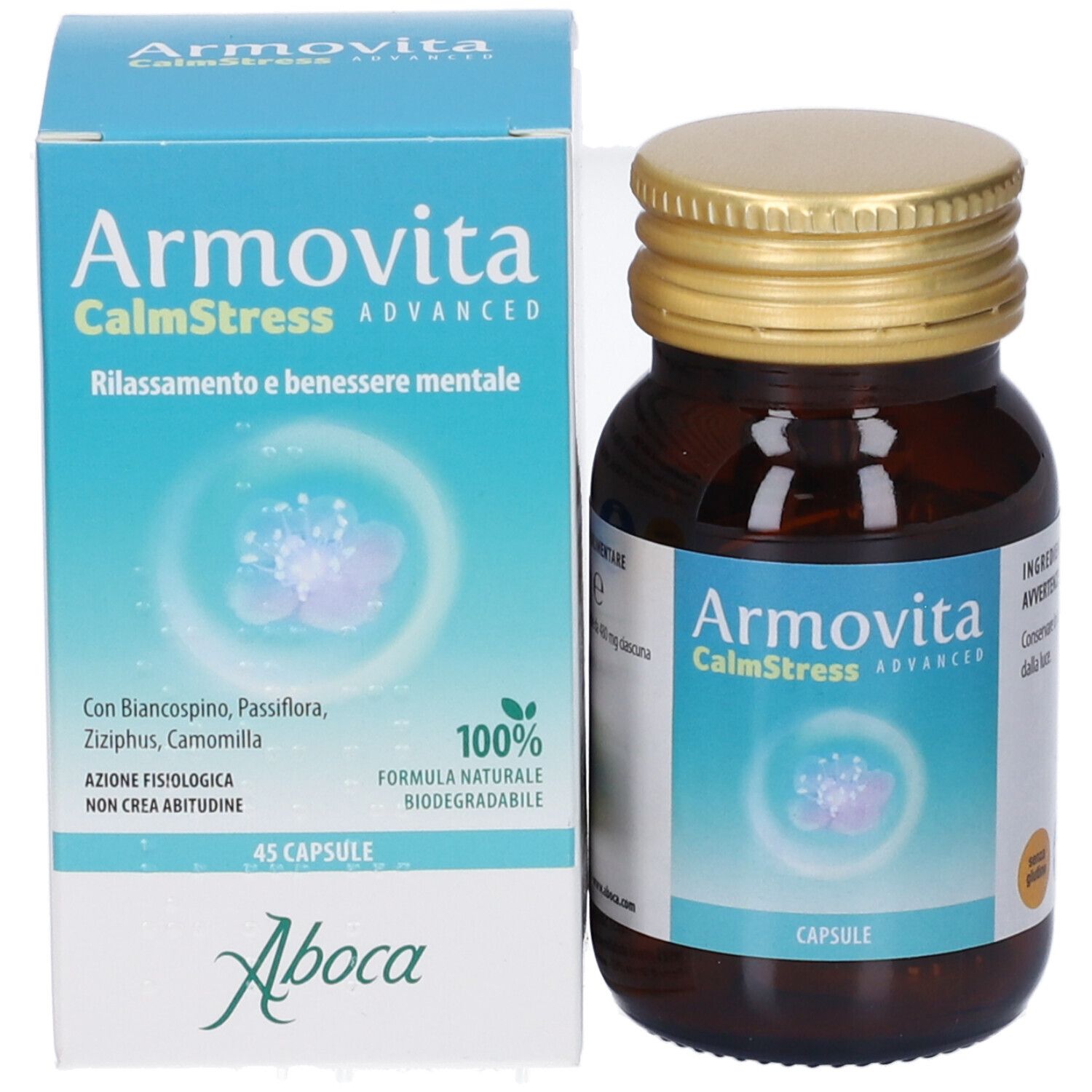 Flacone e confezione del prodotto affiancati. Confezione con nome prodotto e design floreale. 45 capsule.