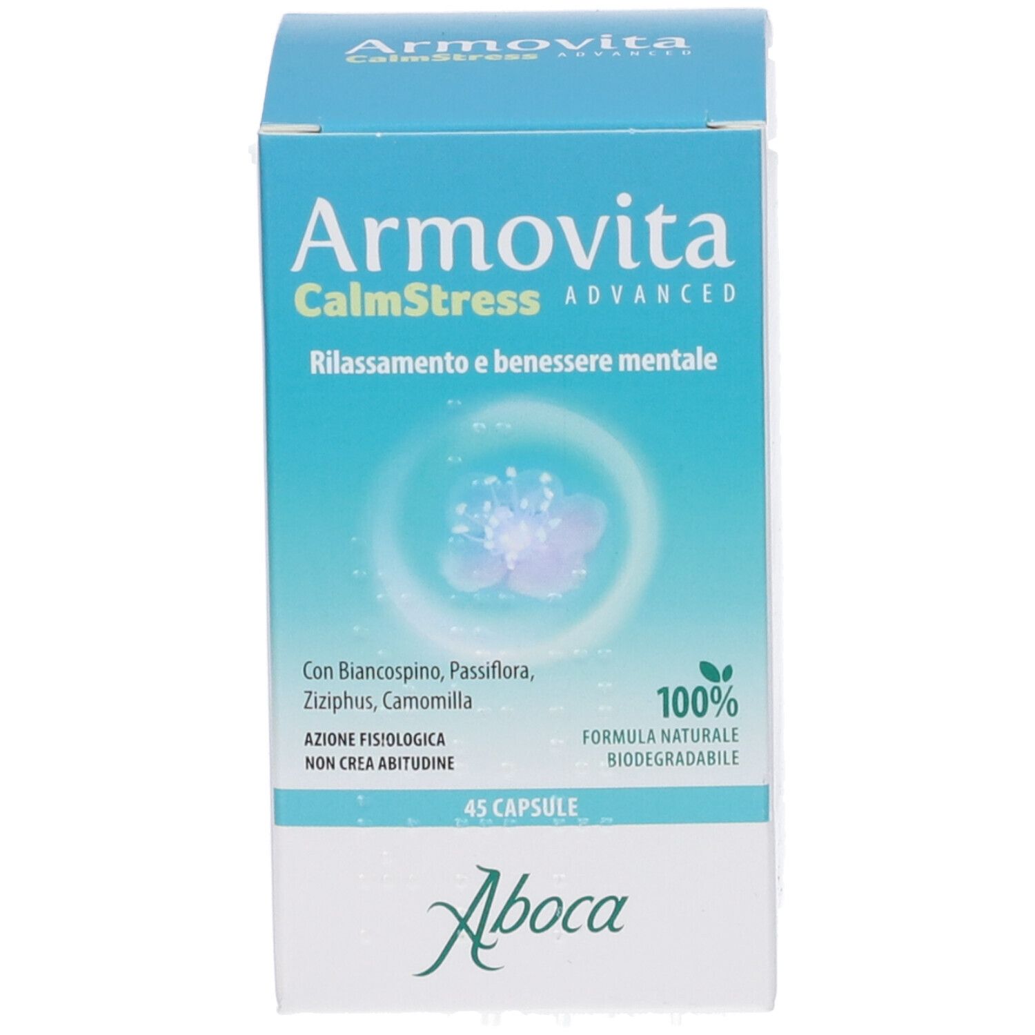 Confezione del prodotto. Bianca con nome prodotto e design floreale. 45 capsule. Logo 'Aboca'.