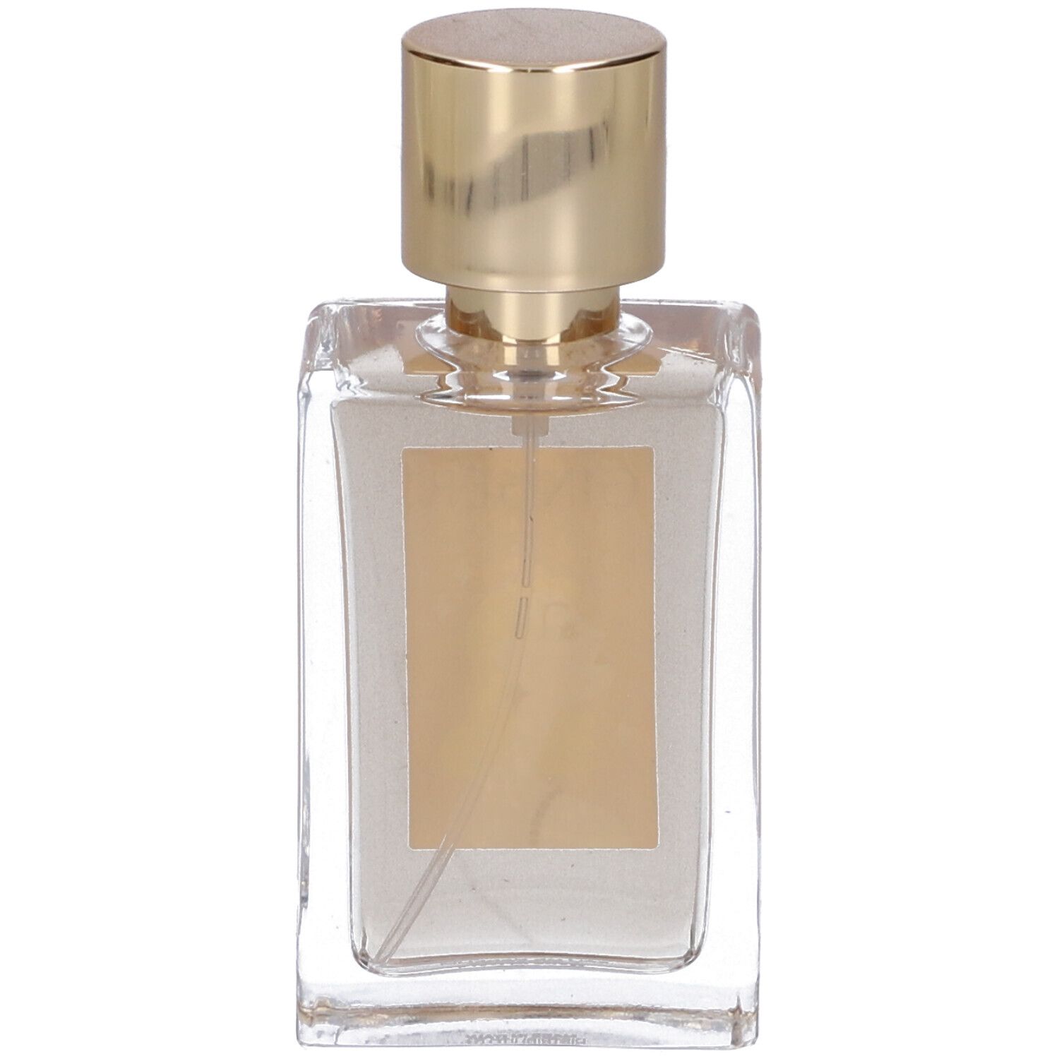 Flacone rettangolare in vetro con vaporizzatore dorato. Liquido trasparente all'interno.