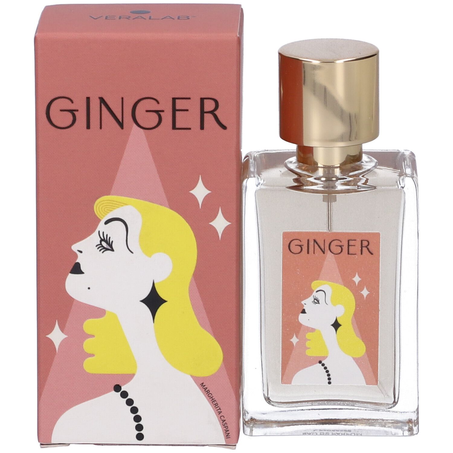 Prodotto e confezione. Flacone con etichetta "GINGER" e volto femminile. Scatola rosa con "GINGER" e volto.