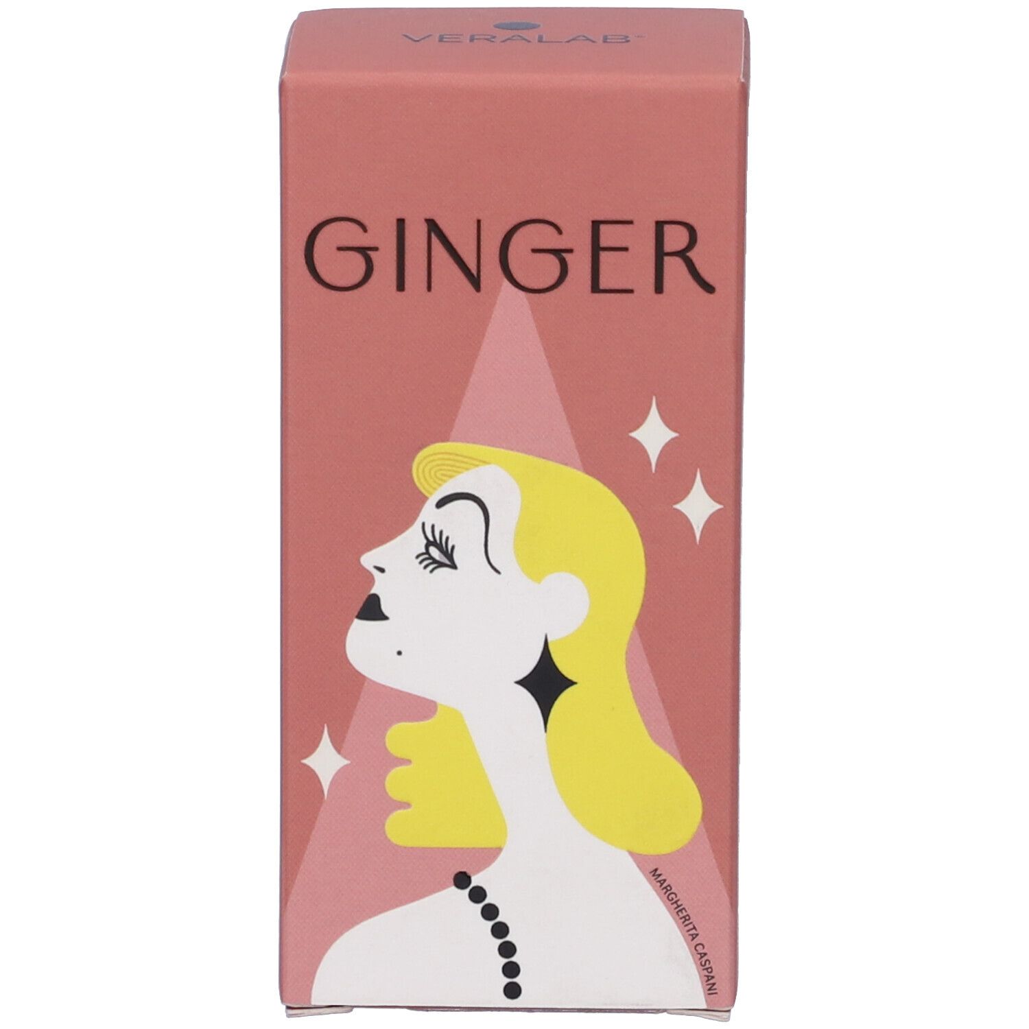 Scatola rosa con scritta "GINGER" e volto femminile. Stelle come elementi di design.