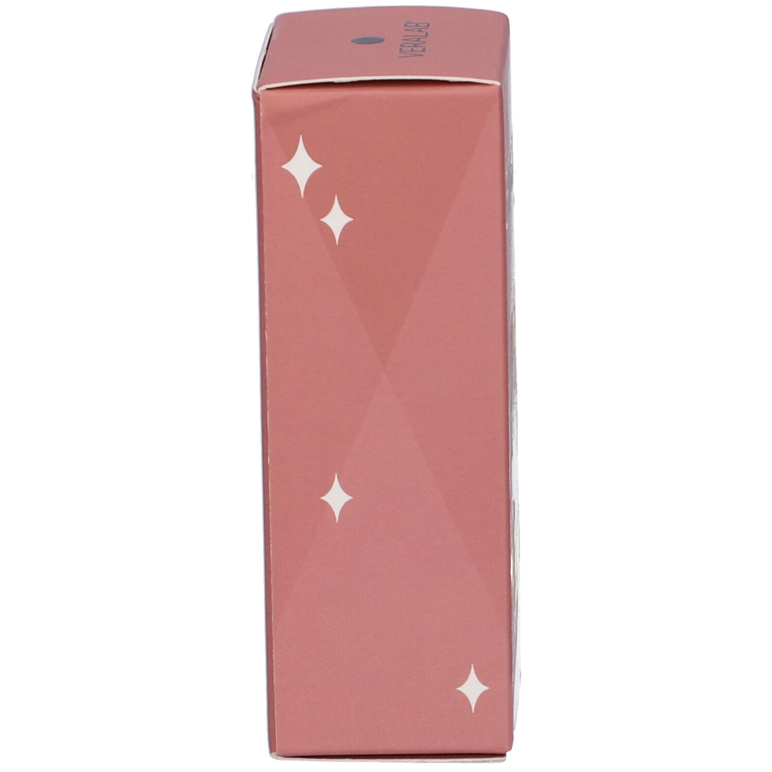 Scatola rosa, vista laterale. Motivo geometrico con stelle. Marchio in alto.