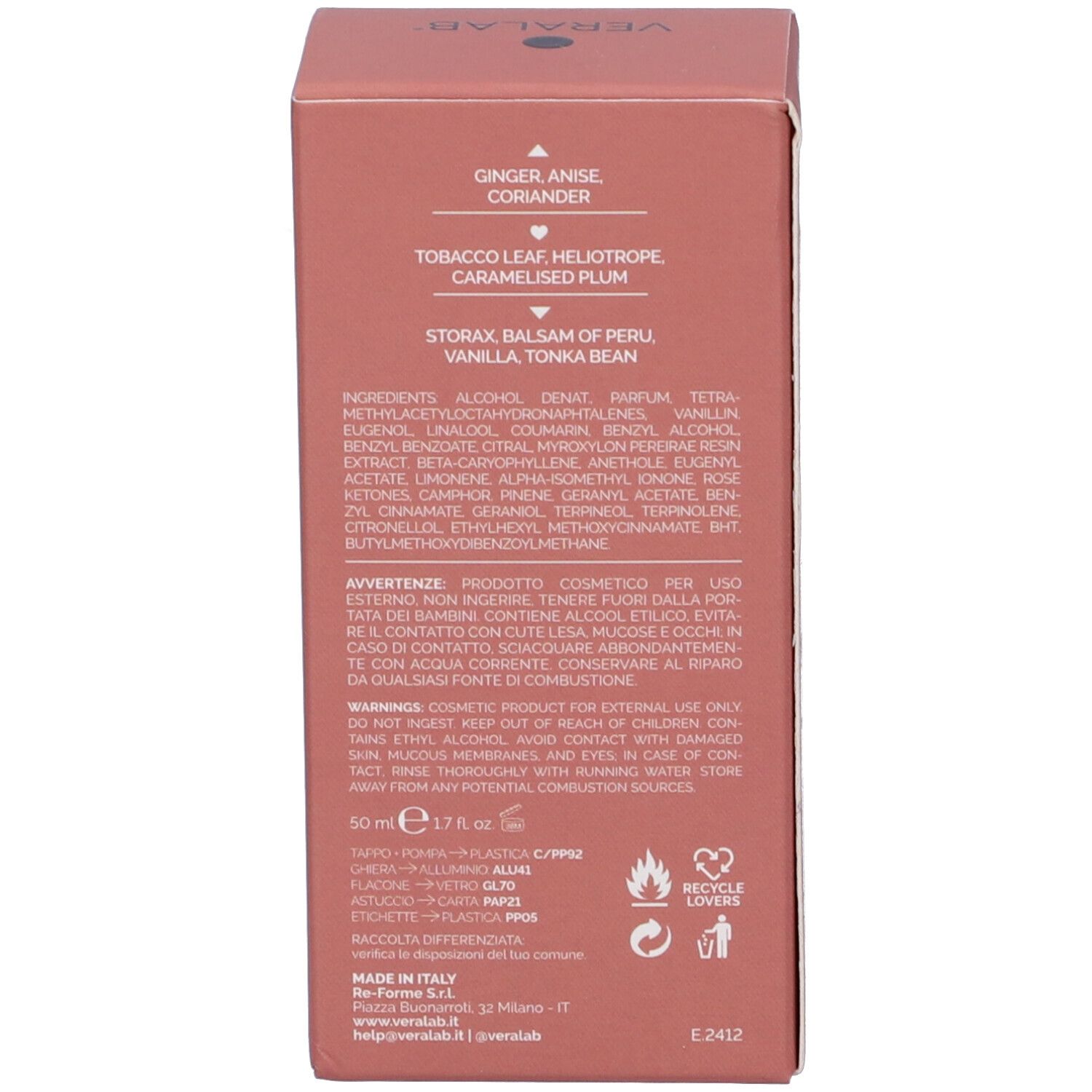 Retro della scatola rosa. Testo con ingredienti, avvertenze e informazioni del produttore.