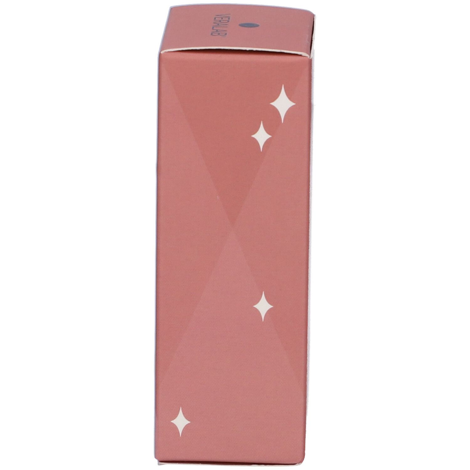 Vista laterale della scatola rosa. Motivo geometrico con stelle. Marchio in alto.