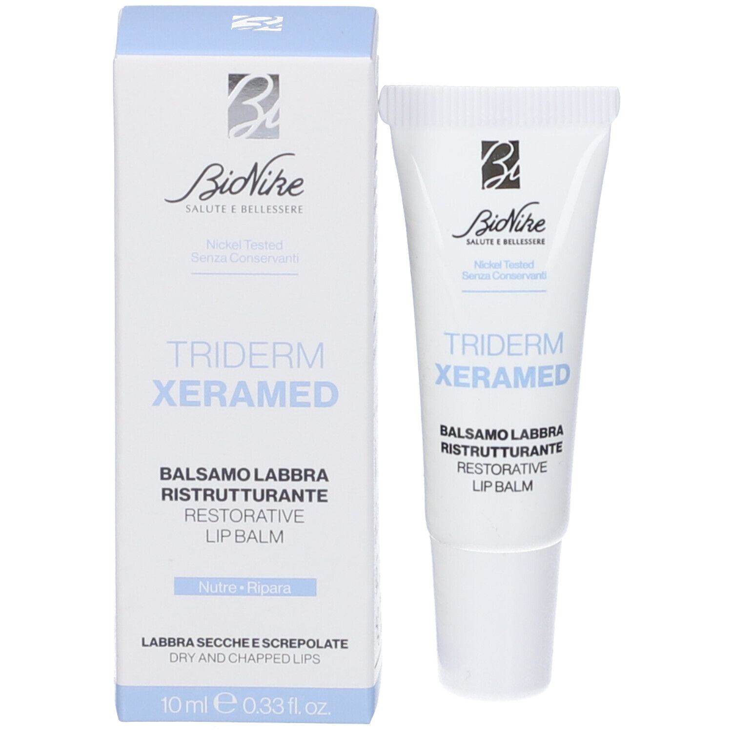 Confezione del prodotto: tubo e scatola. Tubo: TRIDERM XERAMED, Balsamo Labbra, Restorative Lip Balm. Scatola: marchio Bionike.