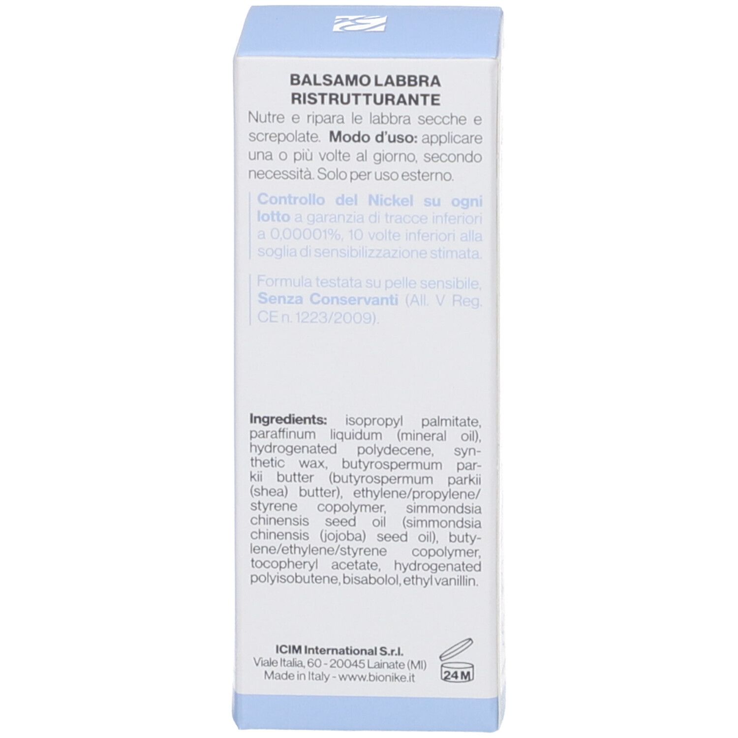 Scatola, lato con ingredienti. Contiene informazioni sugli ingredienti e il produttore. Marchio Bionike.