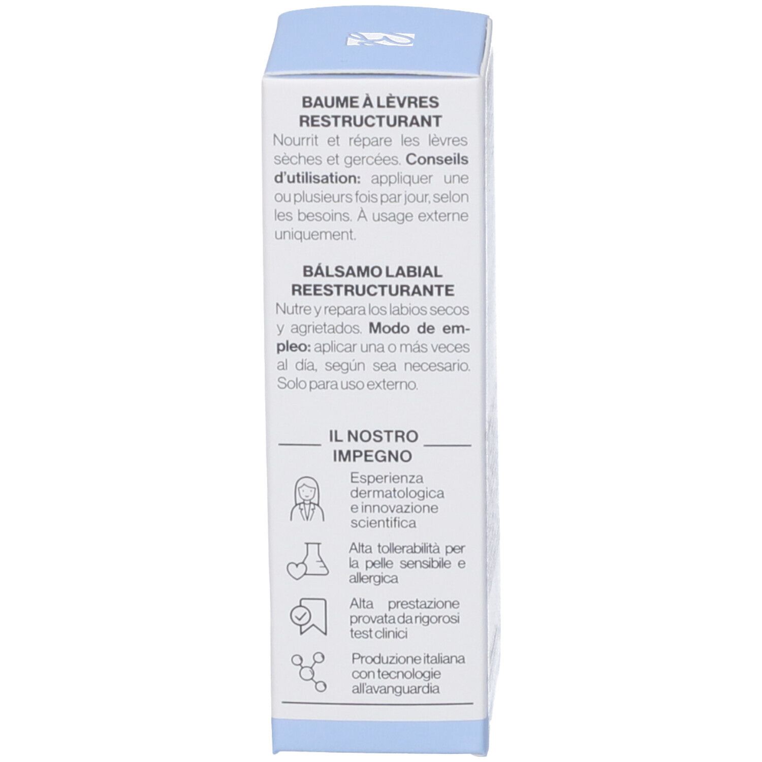 Scatola, lato con testo multilingue. Contiene informazioni su utilizzo e produttore. Marchio Bionike.