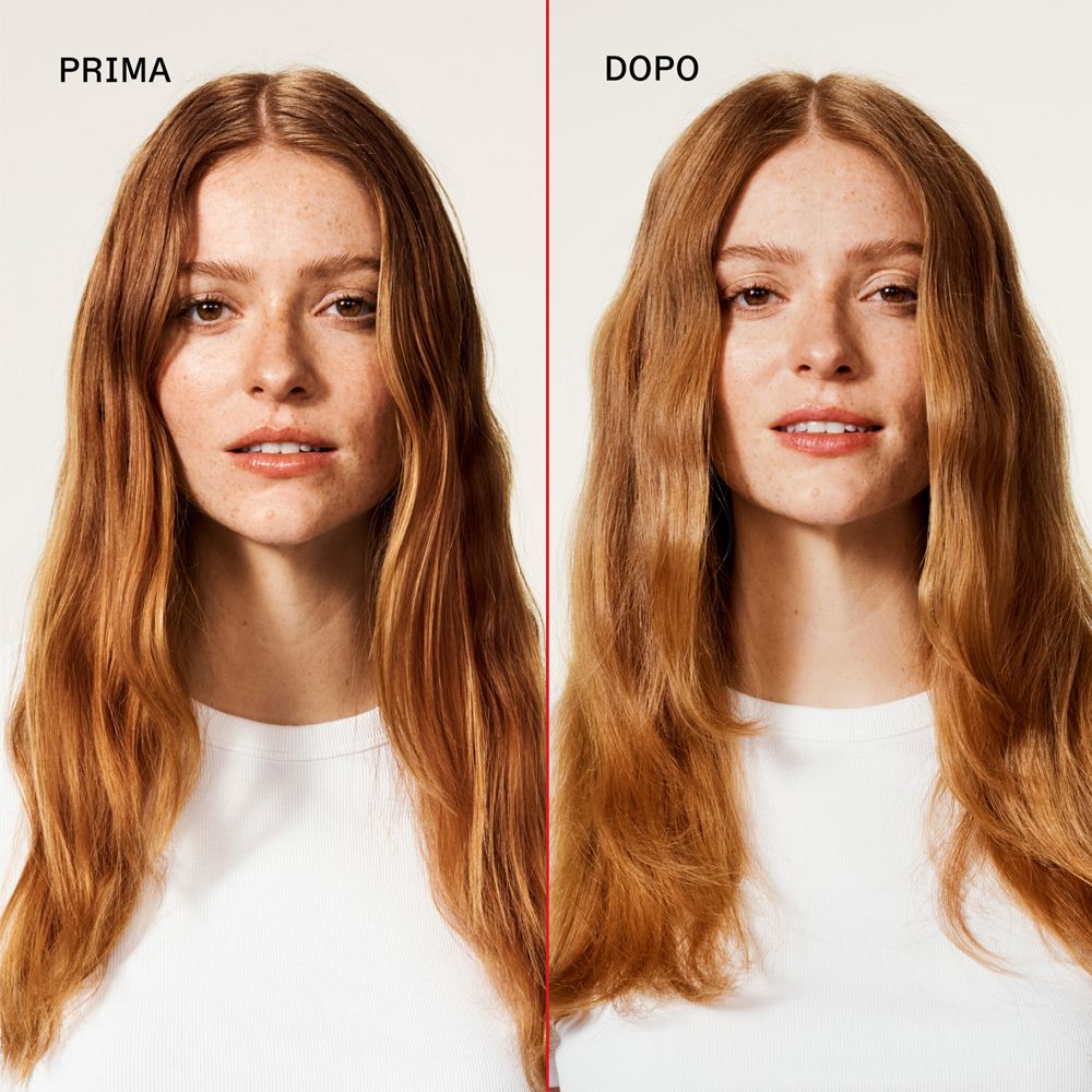 Immagine prima e dopo. Donna con capelli rossi. Sinistra: PRIMA. Destra: DOPO.