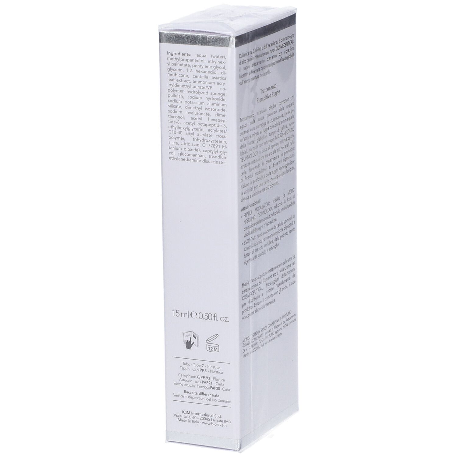 Scatola bianca con testo. Ingredienti e volume: 15ml/0.50 fl.oz. Dettagli argento. Nome prodotto non visibile.