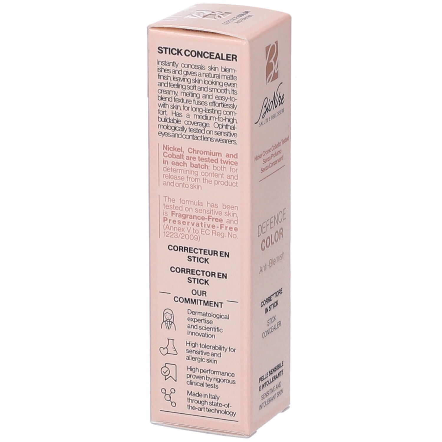 Retro confezione rosa Bionike Defence Color. Stick Concealer. Ingredienti e informazioni. Testo in italiano.