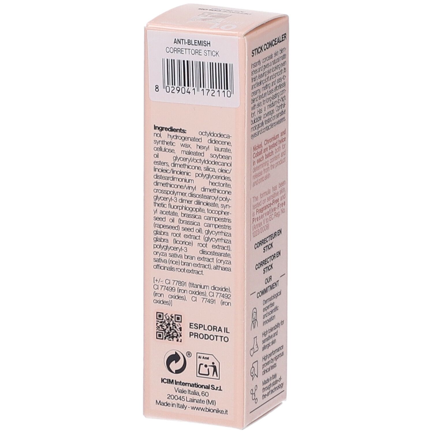 Retro confezione rosa Bionike Defence Color. Correttore anti-imperfezioni. Ingredienti e informazioni. Testo in italiano.