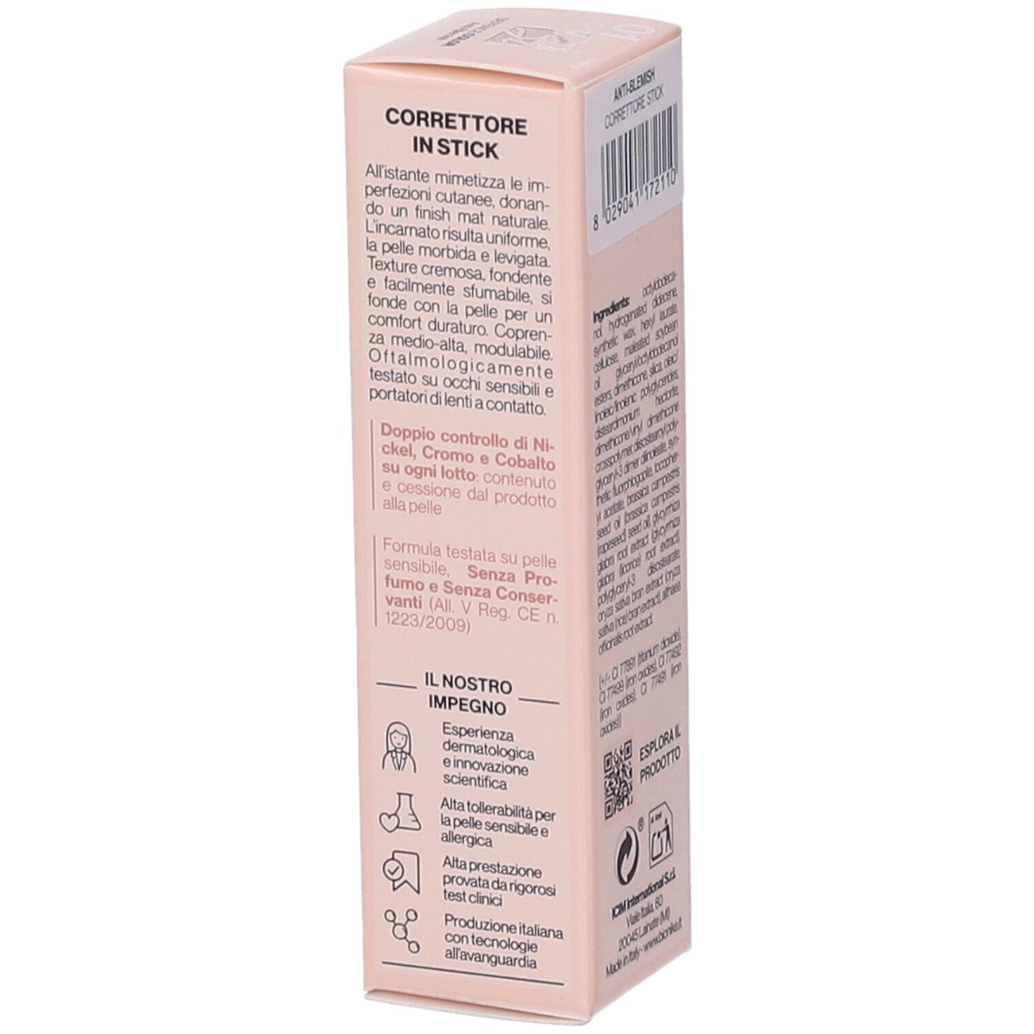 Confezione rosa Bionike Defence Color. Correttore in stick anti-imperfezioni. Testo in italiano.