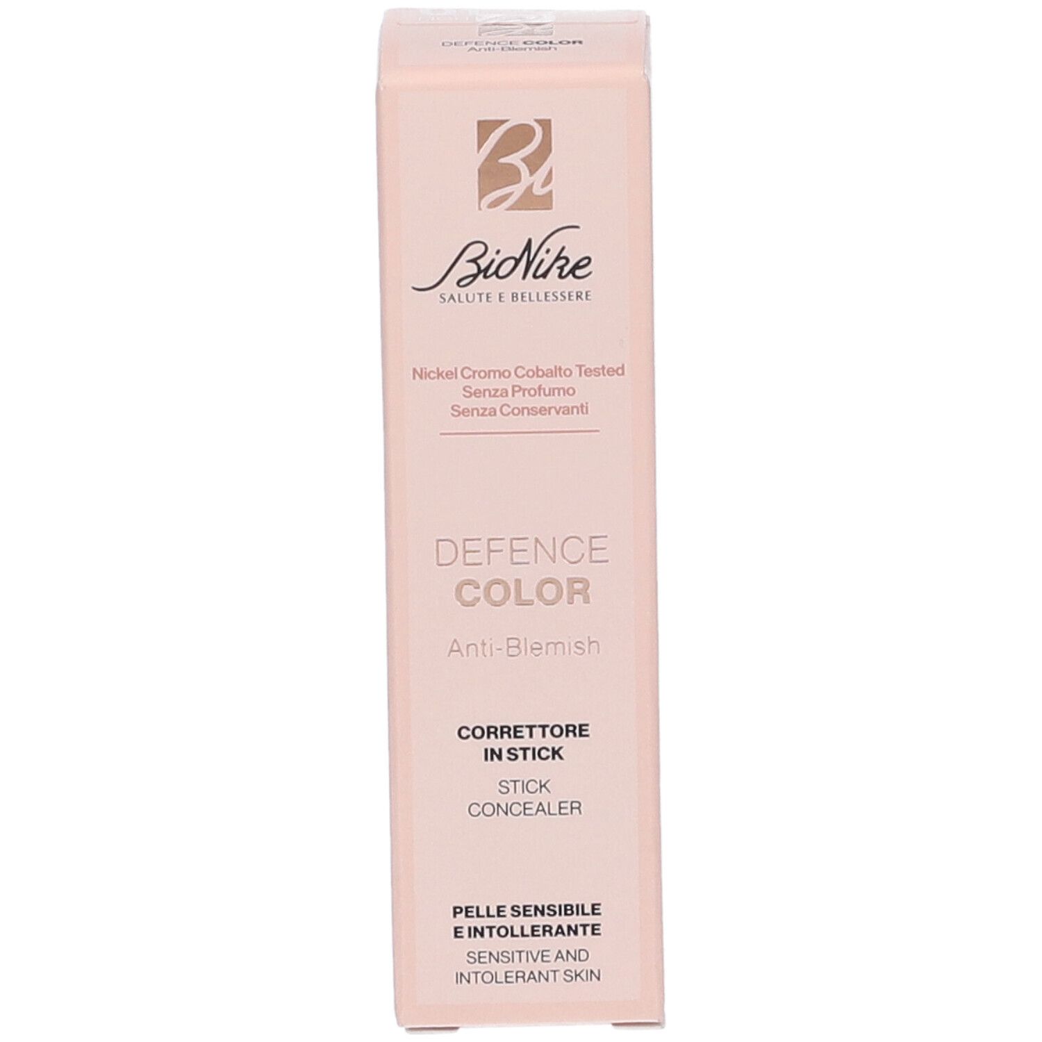 Confezione rosa Bionike Defence Color. Correttore in stick anti-imperfezioni. Testo in italiano.