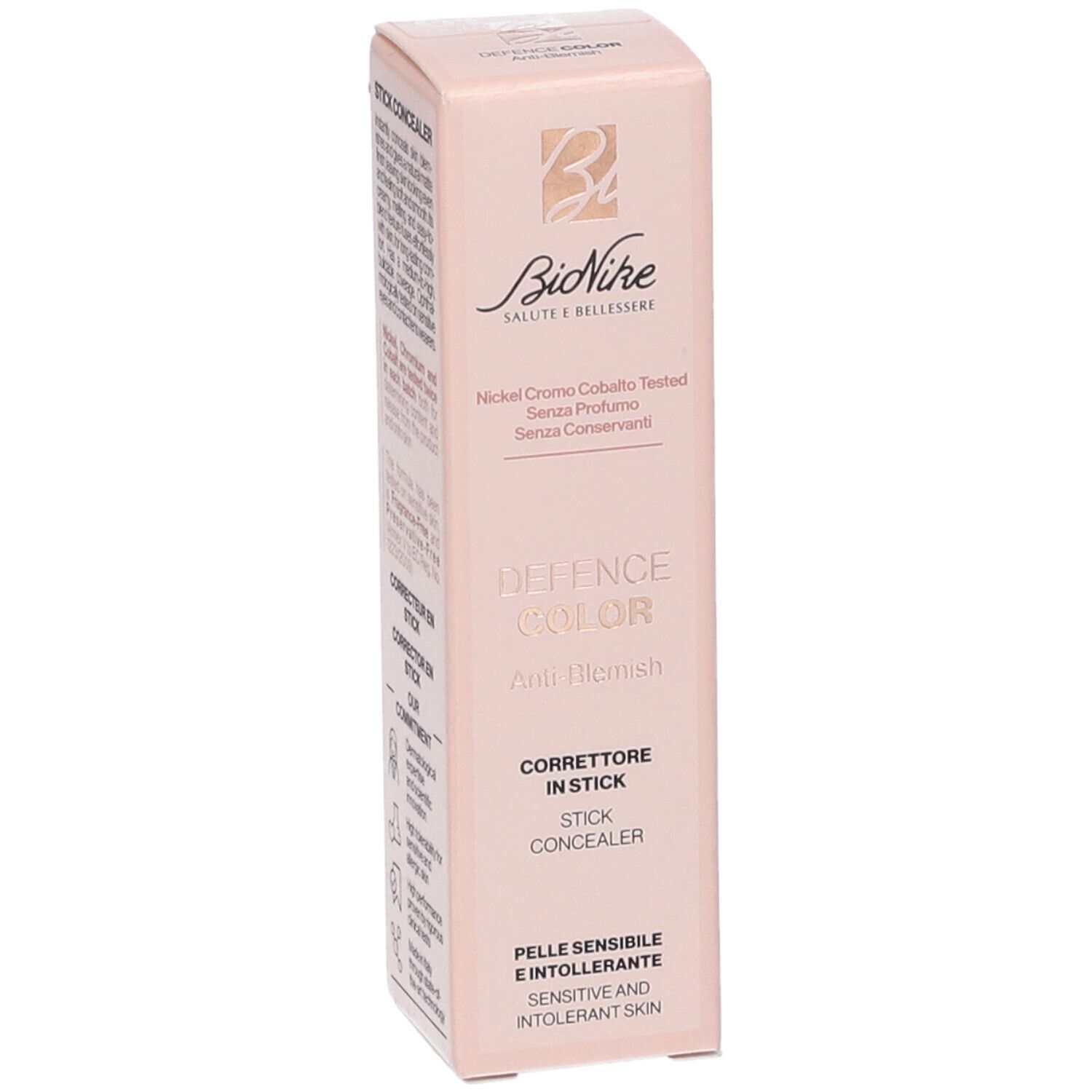 Confezione rosa Bionike Defence Color. Correttore in stick anti-imperfezioni. Testo in italiano.