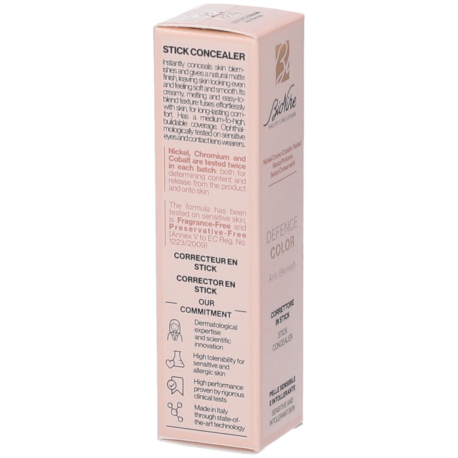 Bionike Defence Color Correttore Stick N02 Medium. Confezione rosa. Testo: Stick Concealer, expertise dermatologica, alta tollerabilità.