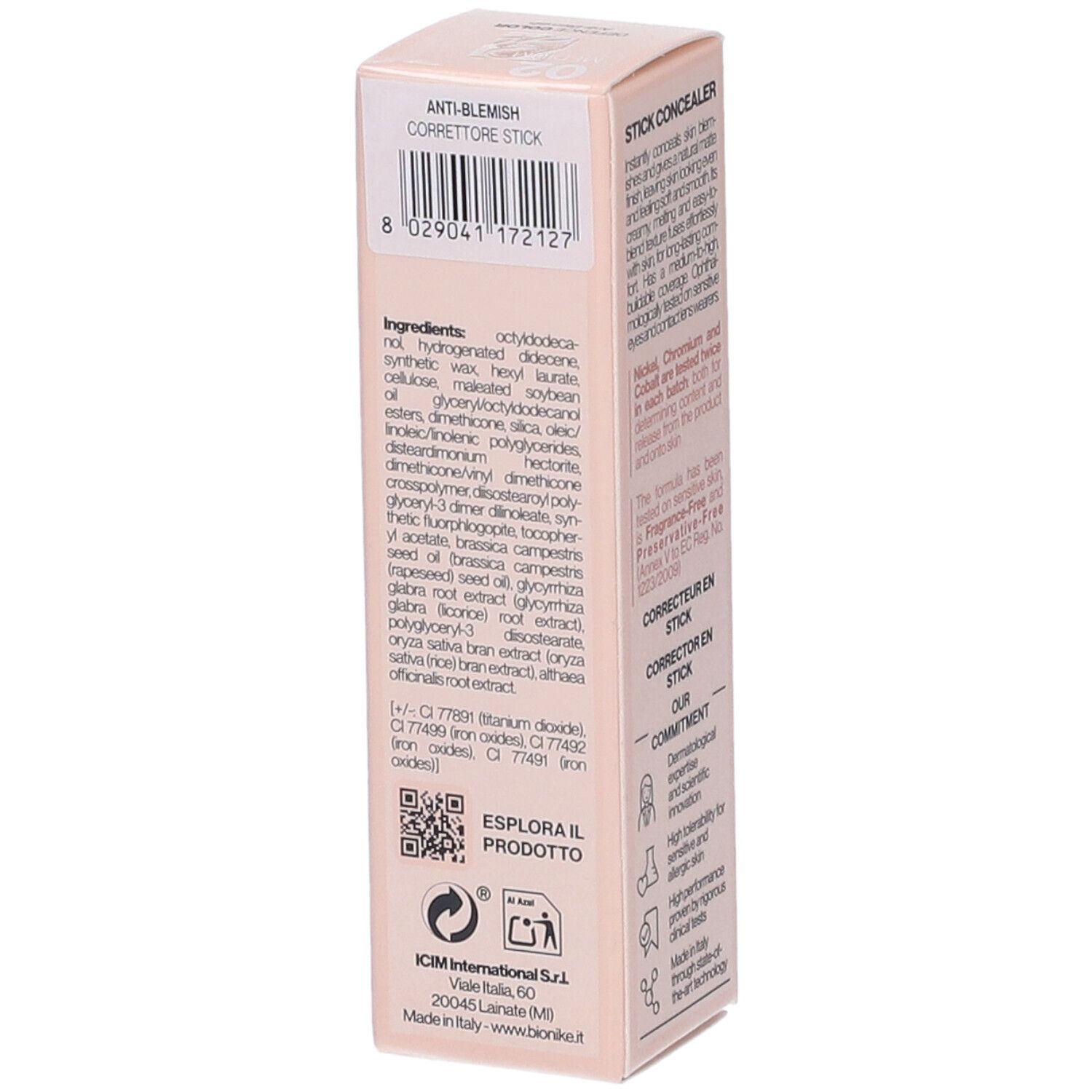 Bionike Defence Color Correttore Stick N02 Medium. Confezione rosa. Codice a barre e ingredienti visibili. Testo: Anti-Blemish, Corrector Stick.