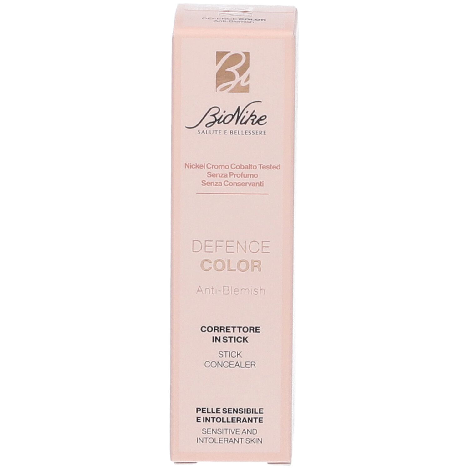 Bionike Defence Color Correttore Stick N02 Medium. Confezione rosa. Nome e logo del prodotto visibili. Testo: Nickel, Cromo, Cobalto testati.
