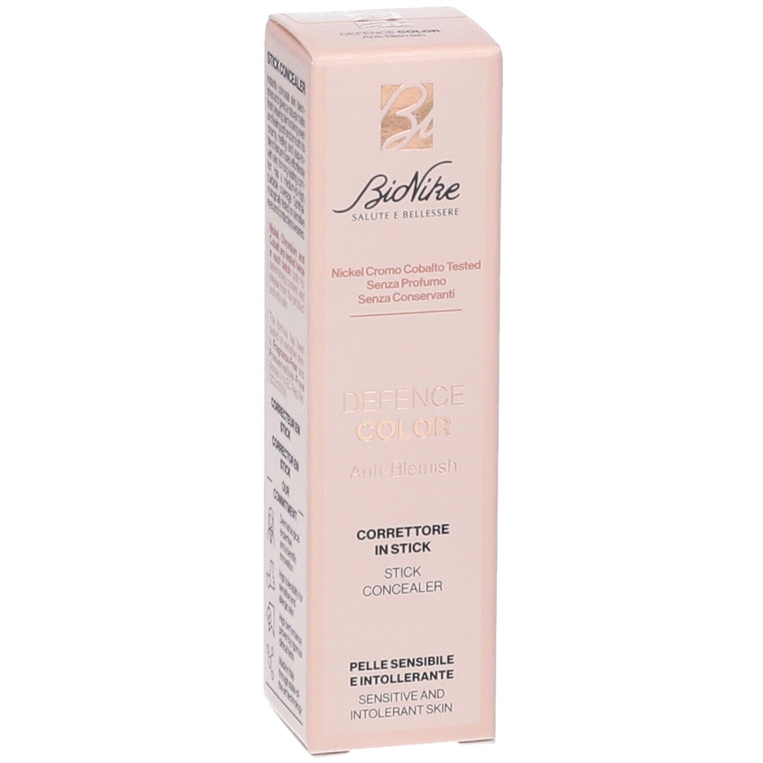 Bionike Defence Color Correttore Stick N02 Medium. Confezione rosa. Nome e logo del prodotto visibili. Testo: Nickel, Cromo, Cobalto testati.