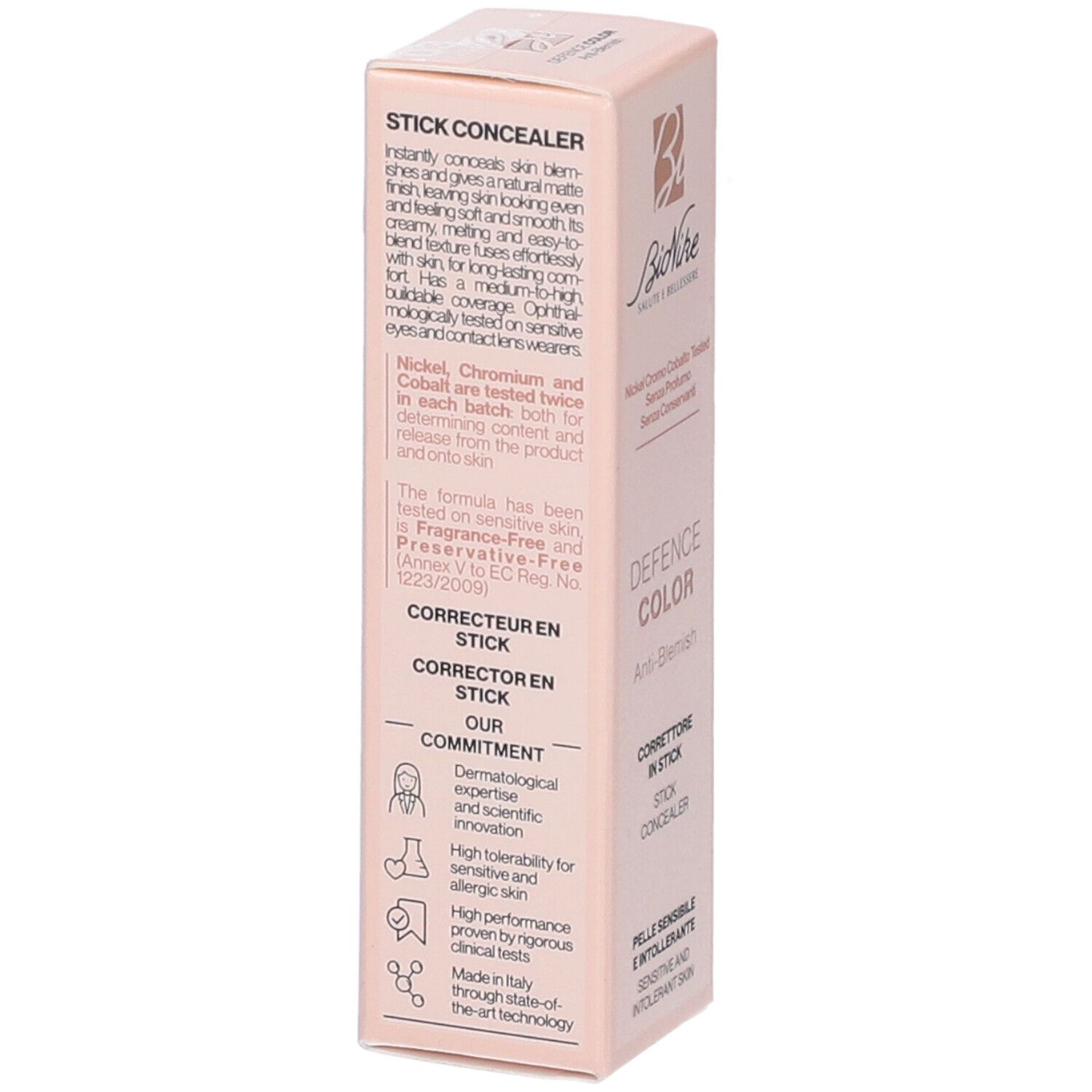 Bionike Defence Color Correttore in Stick, Tan 03. Retro della confezione con informazioni e ingredienti.