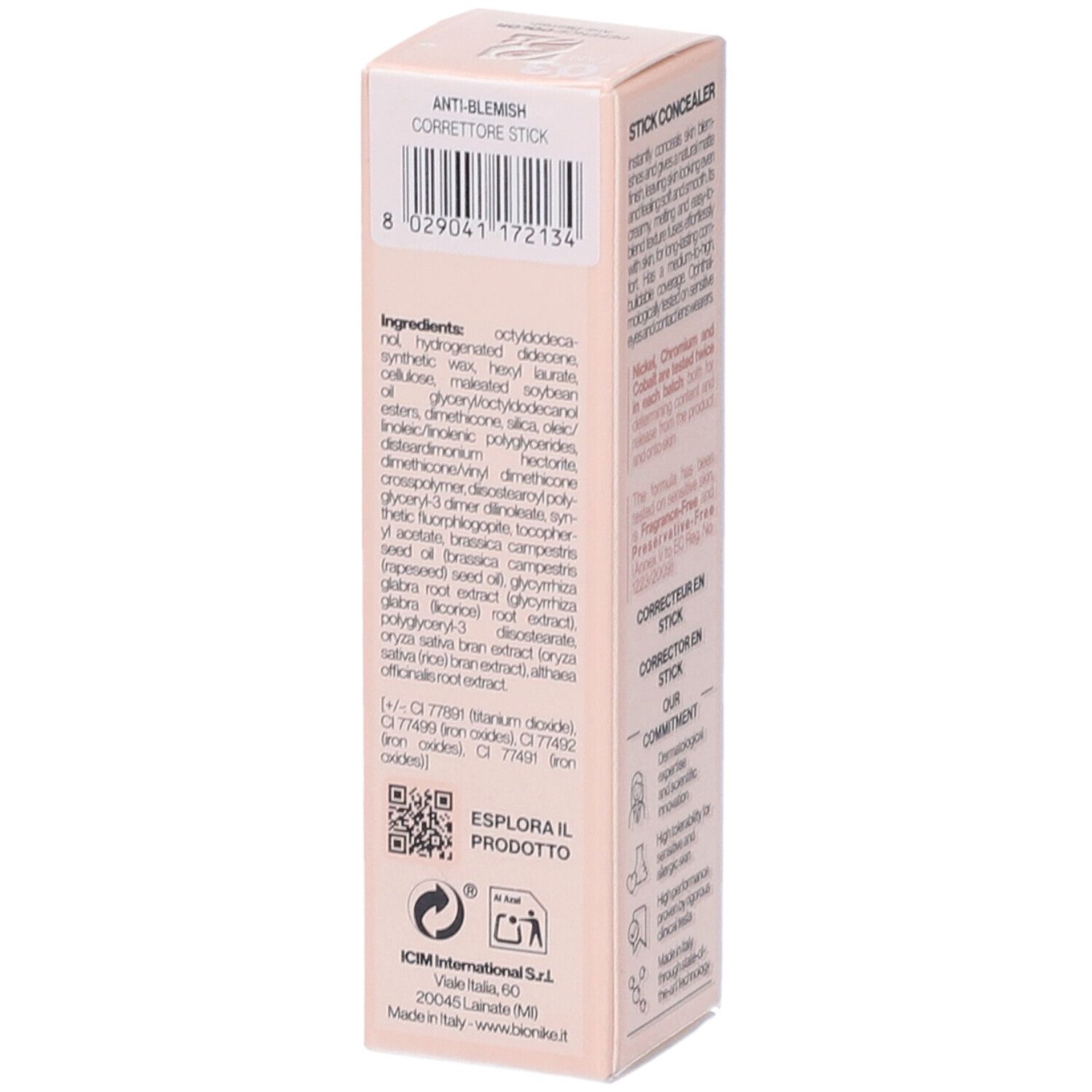Bionike Defence Color Correttore in Stick, Tan 03. Confezione con codice a barre, ingredienti e informazioni produttore.