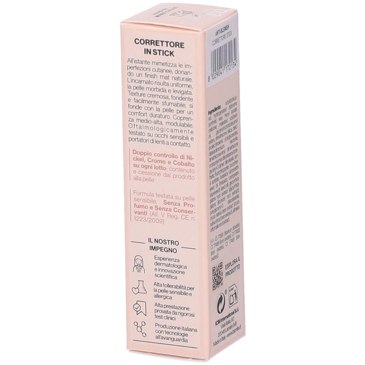 Bionike Defence Color Correttore in Stick, Tan 03. Confezione con informazioni e ingredienti.