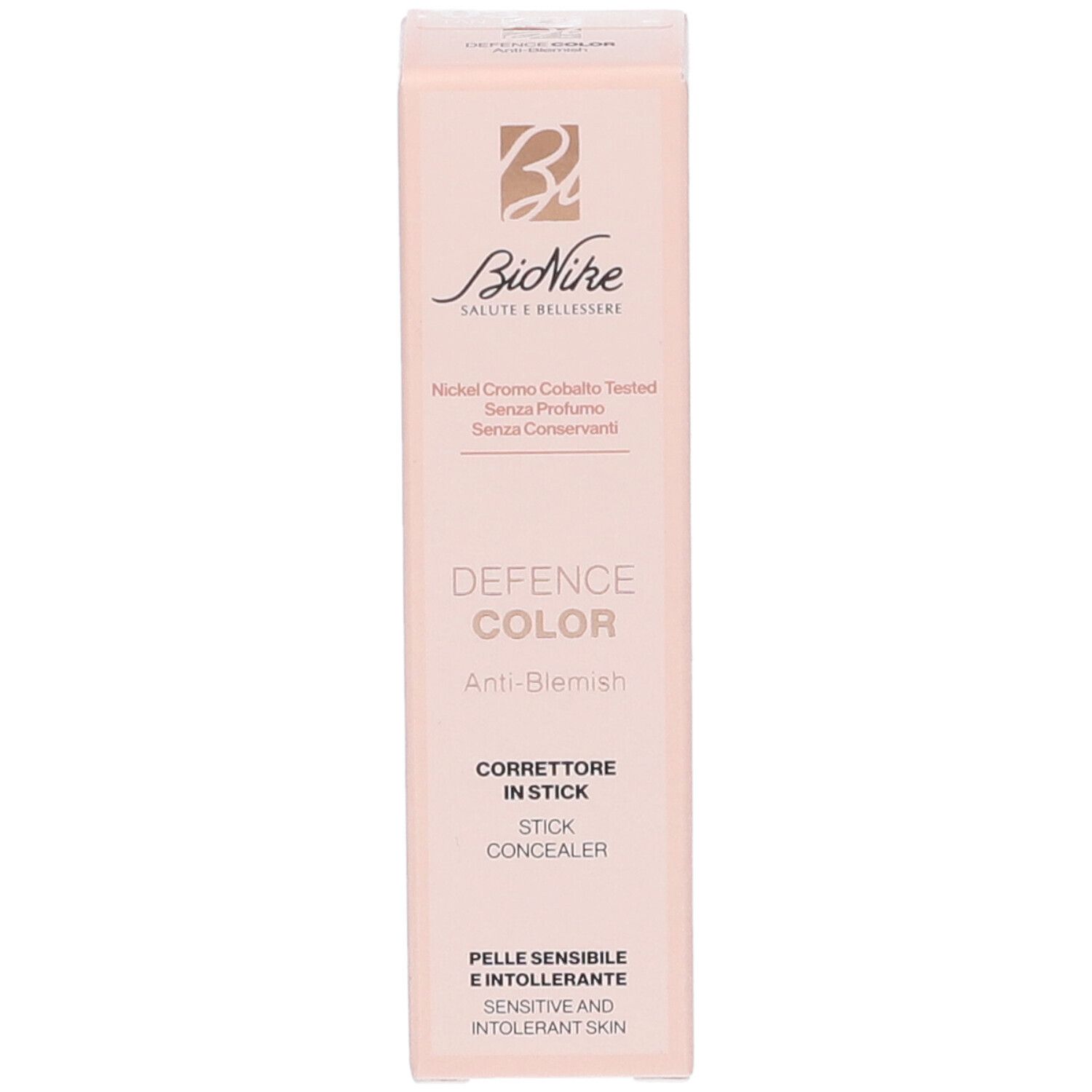 Bionike Defence Color Correttore in Stick, Tan 03. Confezione rosa con nome del prodotto e logo.