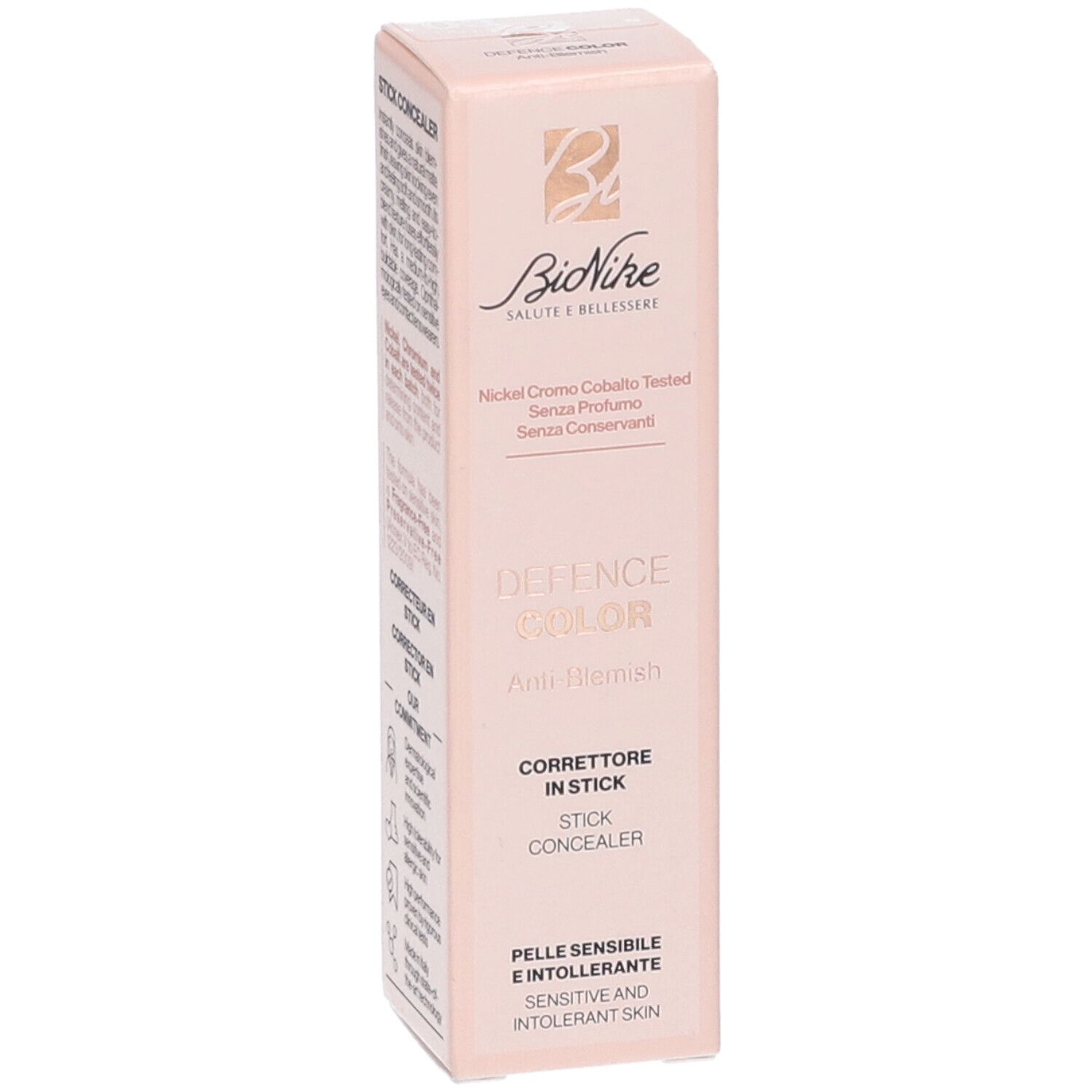 Bionike Defence Color Correttore in Stick, Tan 03. Confezione rosa con nome del prodotto e logo.