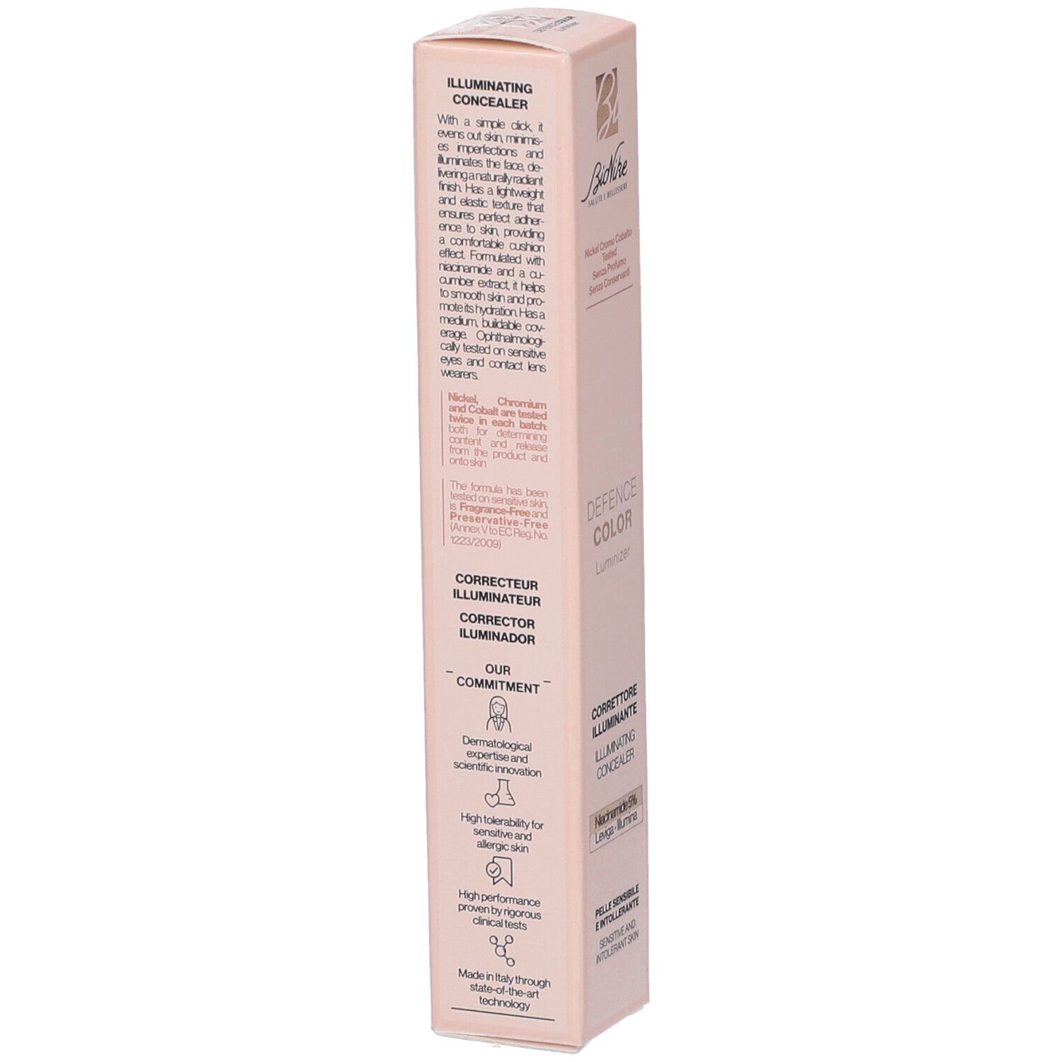 Confezione Bionike Defence Color Luminizer. Testo: Illuminating Concealer. Descrizione del prodotto. Dermatologicamente testato. Per pelli sensibili.