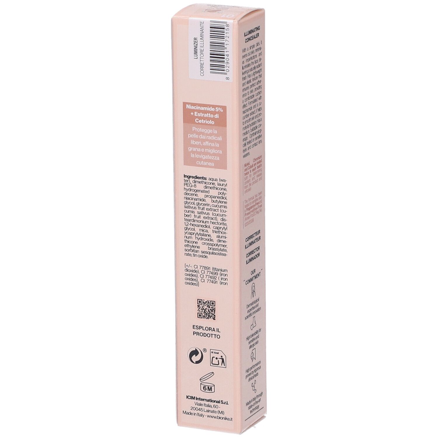 Confezione Bionike Defence Color Luminizer. Testo: Ingredienti, Niacinamide 5%, estratti. Codice QR. Prodotto in Italia. Simbolo 6M.