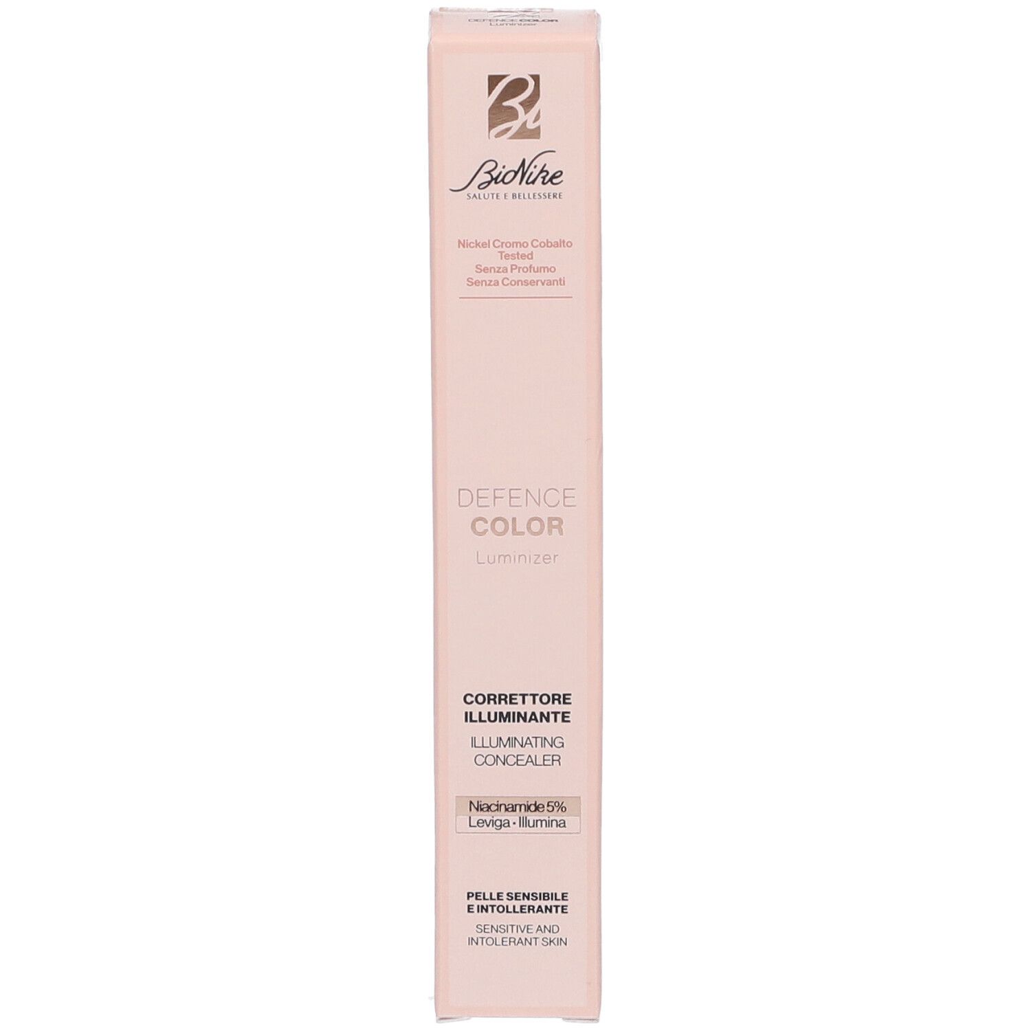 Bionike Defence Color Luminizer Correttore Illuminante N01 Light. Confezione rosa. Testo: Defence Color, Illuminating Concealer. Pelle sensibile.