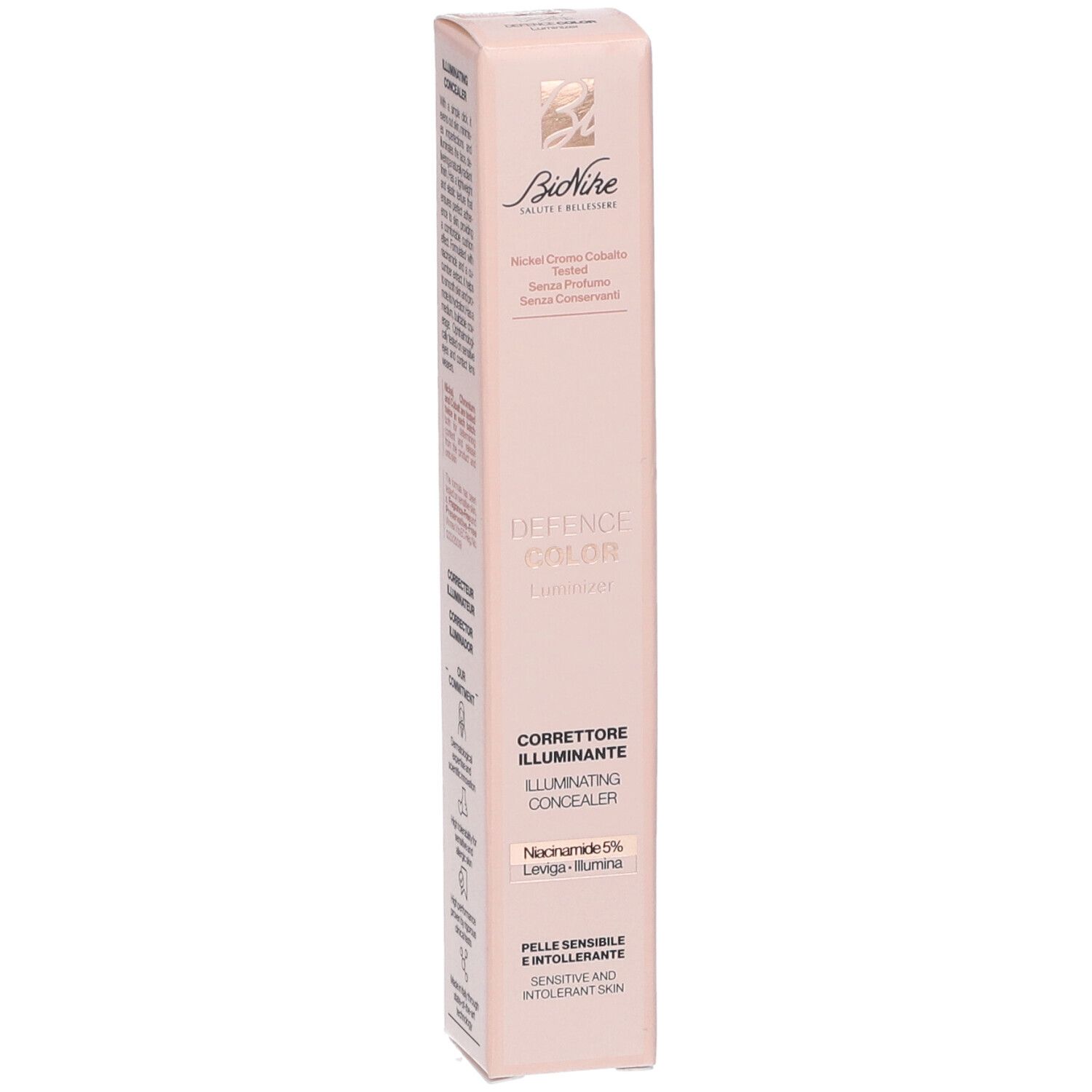 Bionike Defence Color Luminizer Correttore Illuminante N01 Light. Confezione rosa. Testo: Defence Color, Illuminating Concealer. Pelle sensibile.