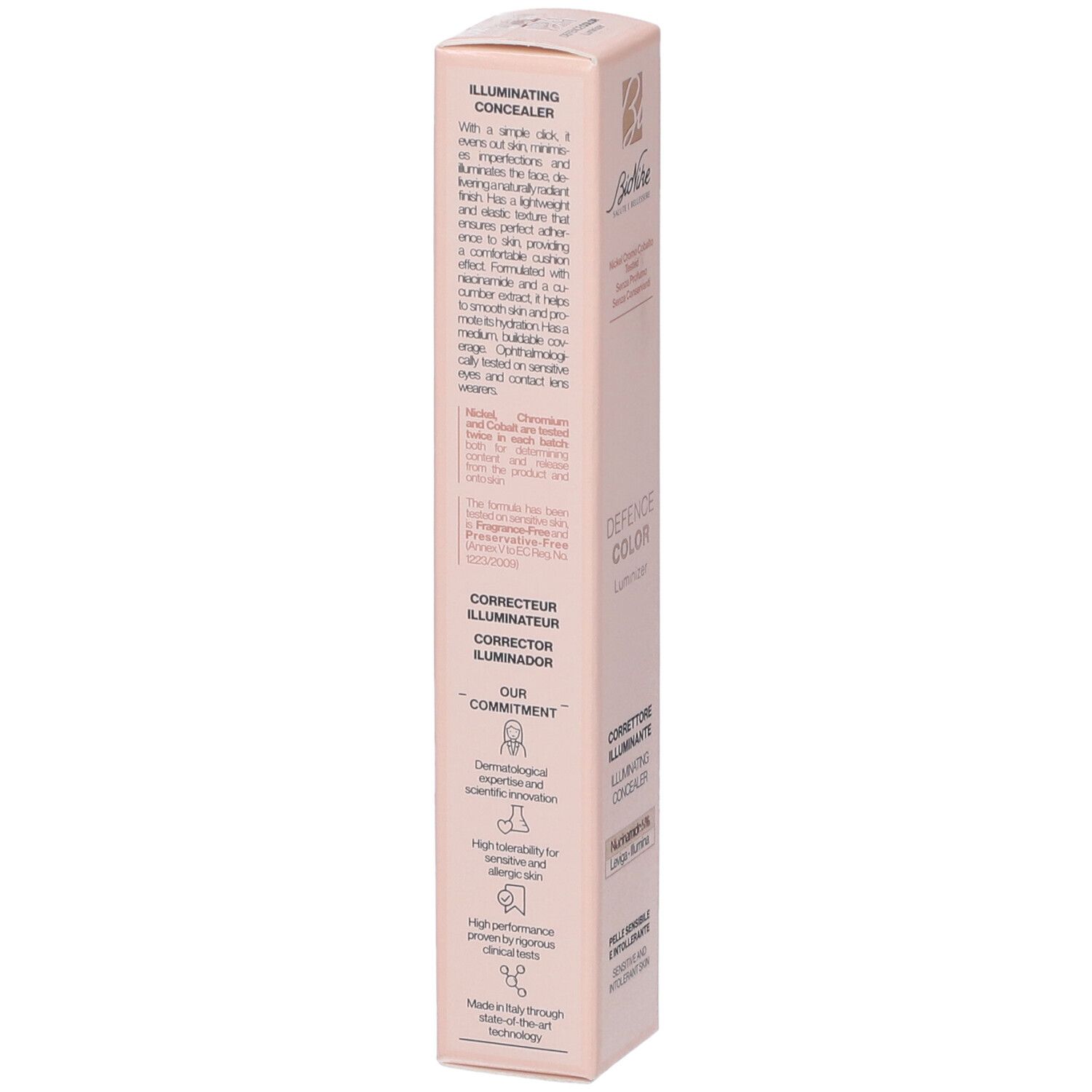 Bionike Defence Color Luminizer Correttore Illuminante N02 Medium. Confezione rosa. Testo laterale. Made in Italy.