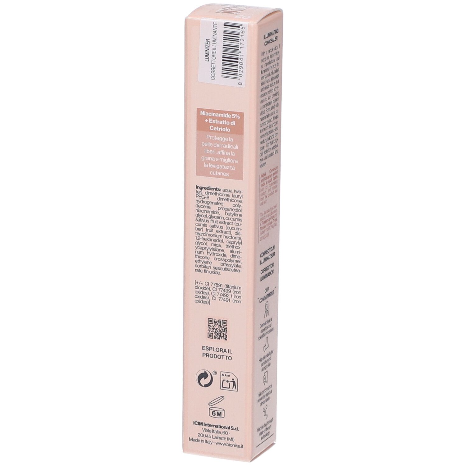 Bionike Defence Color Luminizer Correttore Illuminante N02 Medium. Confezione rosa. Testo: Ingredienti, 6M, codice QR.