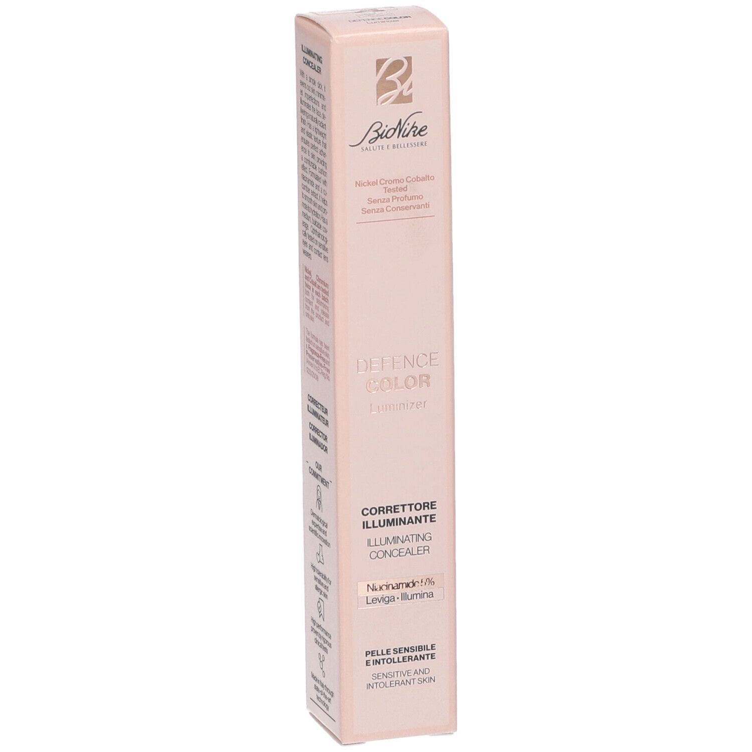 Bionike Defence Color Luminizer Correttore Illuminante N02 Medium. Confezione rosa. Testo: Defence Color, Illuminating Concealer.
