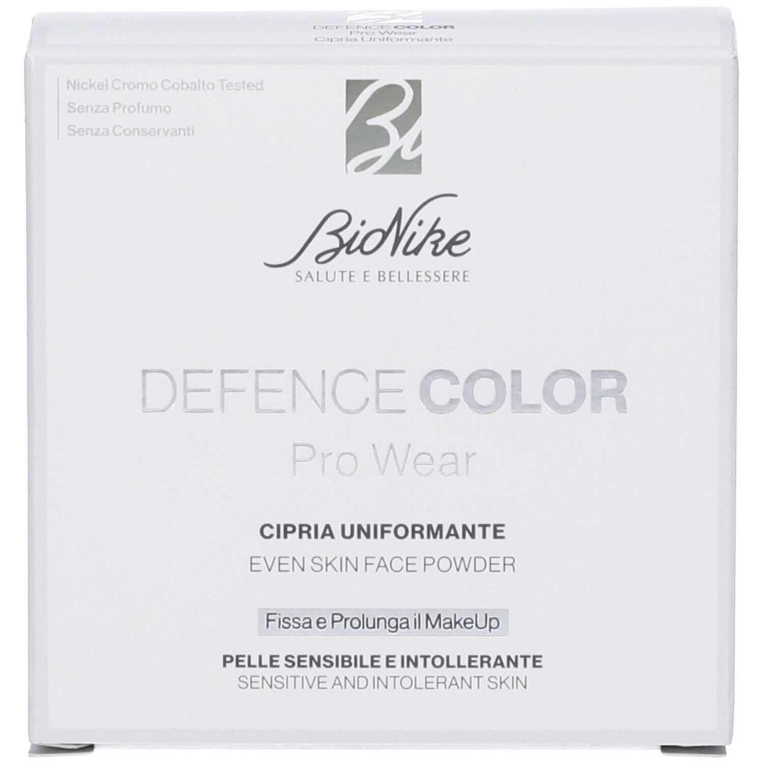 Confezione bianca con testo: Bionike, DEFENCE COLOR, CIPRIA UNIFORMANTE, Nickel-Cromo-Cobalto testato.
