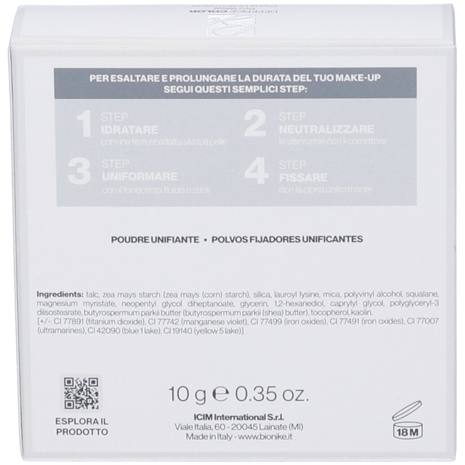 Retro della confezione bianca. Testo: 10g, ingredienti, ICIM International S.r.l.