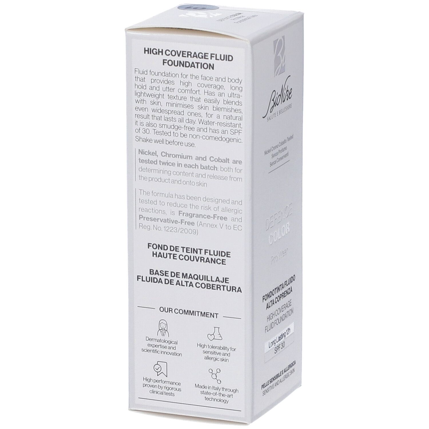 Scatola fondotinta fluido alta coprenza Bionike. Contiene informazioni su ingredienti e uso.
