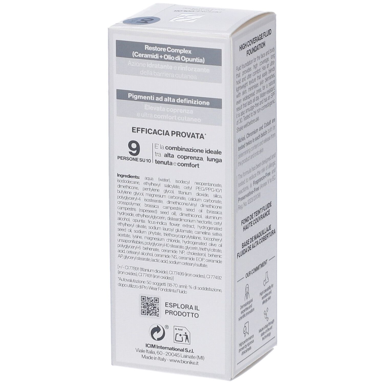 Confezione di fondotinta fluido con informazioni su ingredienti e applicazione.