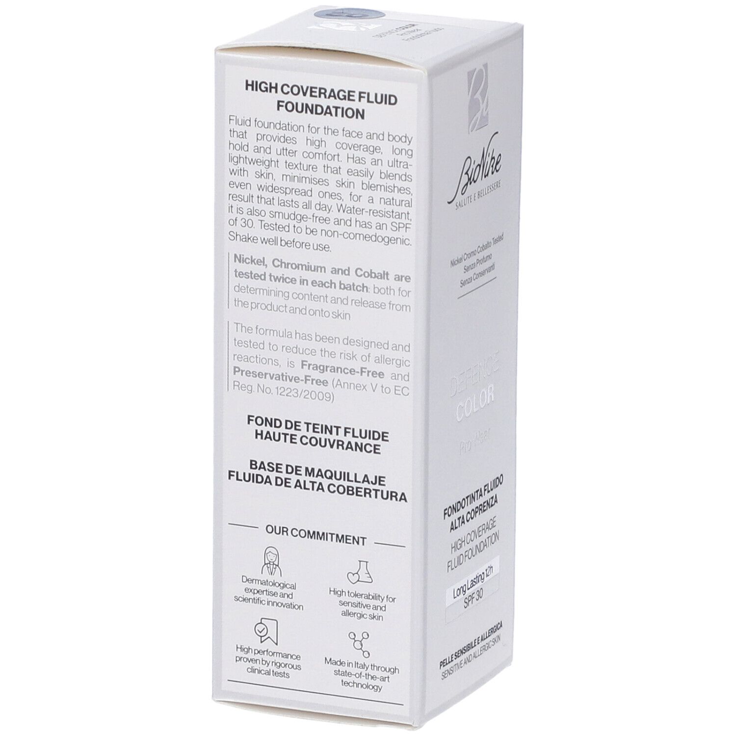 Scatola bianca. Testo: High Coverage Fluid Foundation. Descrizione e ingredienti. Nichel, cromo e cobalto testati.