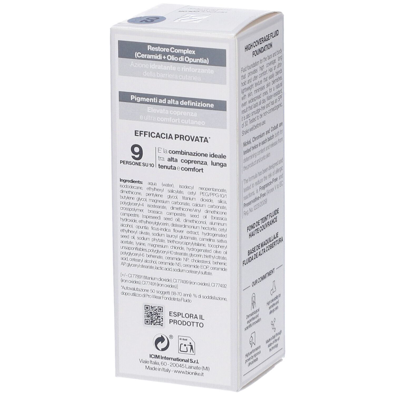 Scatola bianca. Testo: Pigmenti ad alta definizione. Ingredienti. Codice QR. Logo Bionike. Efficacia provata.