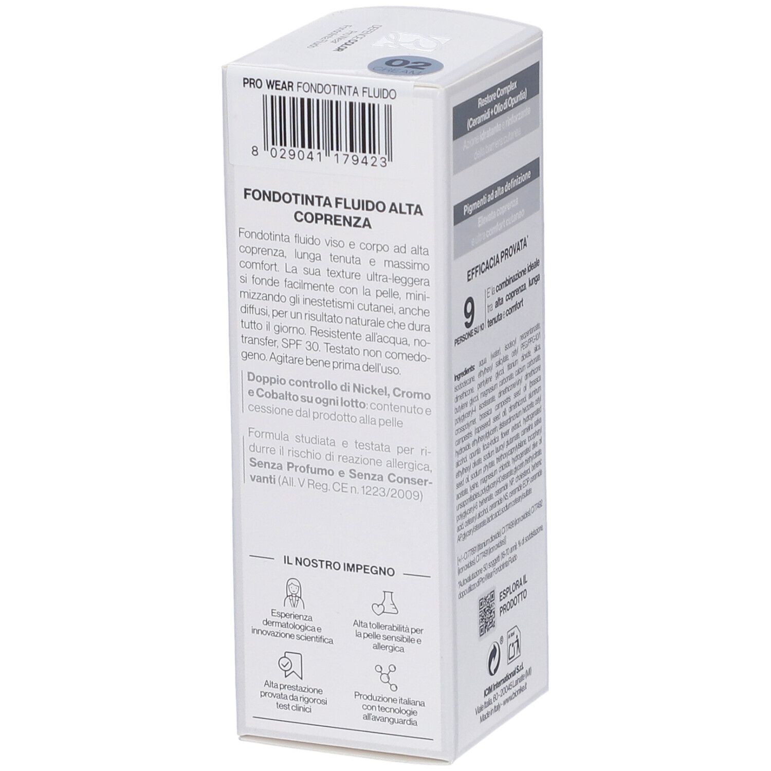 Scatola bianca. Testo: Pro Wear Fondotinta Fluido Alta Coprenza. Descrizione. Nichel, cromo e cobalto testati.