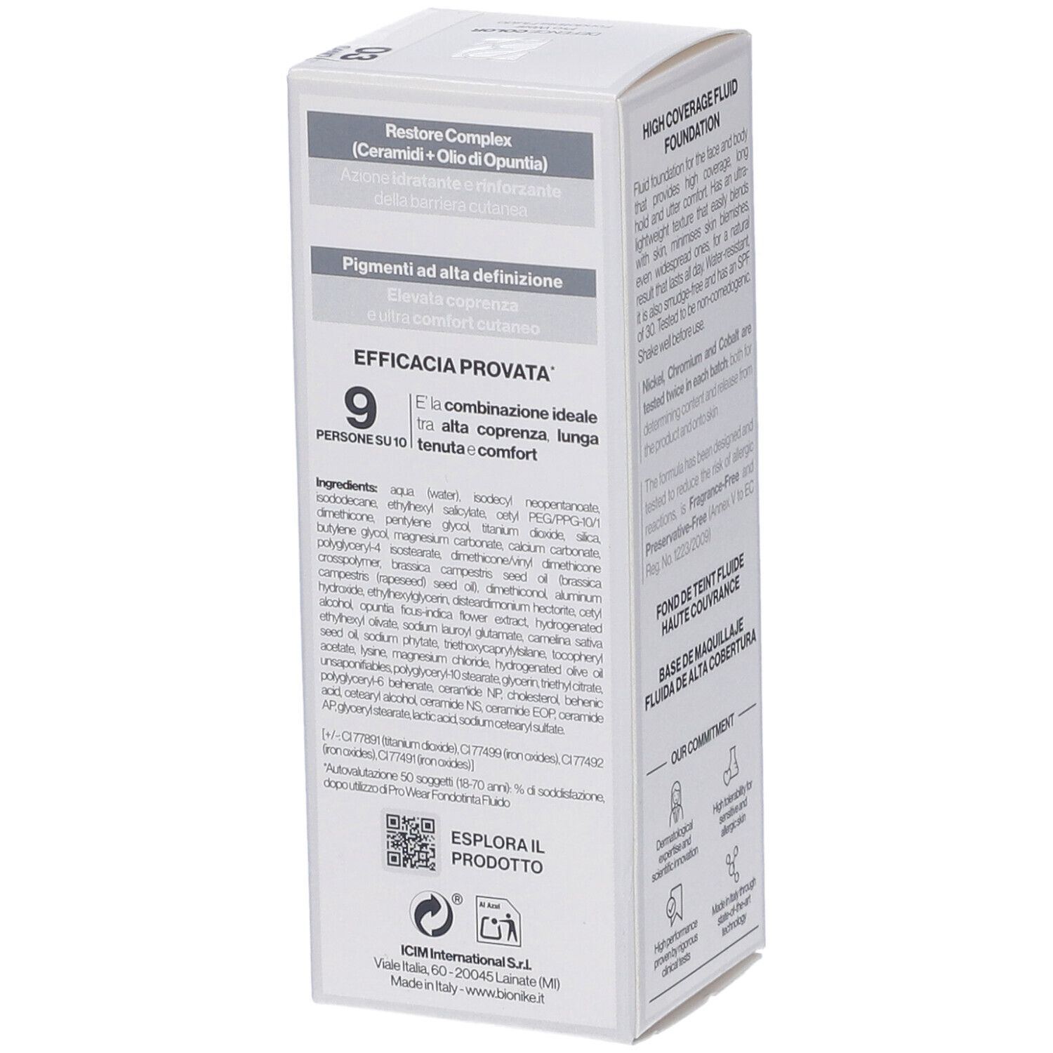 Scatola bianca con testo. 'Efficacia Provata'. Ingredienti e codice QR. Marchio Bionike.