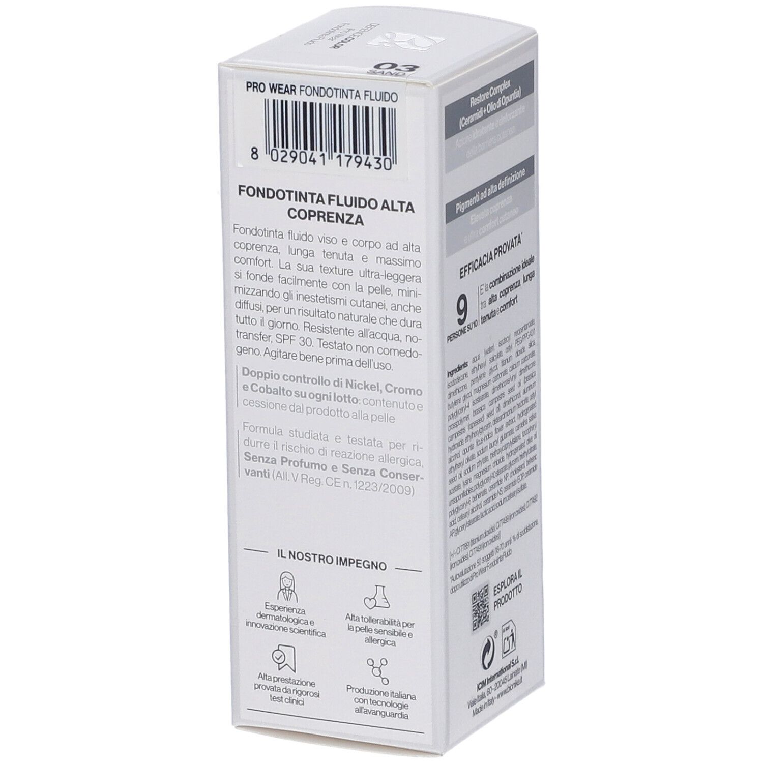 Scatola bianca con informazioni prodotto. 'Pro Wear Fondotinta Fluido'. Testo e codice a barre. Marchio Bionike.