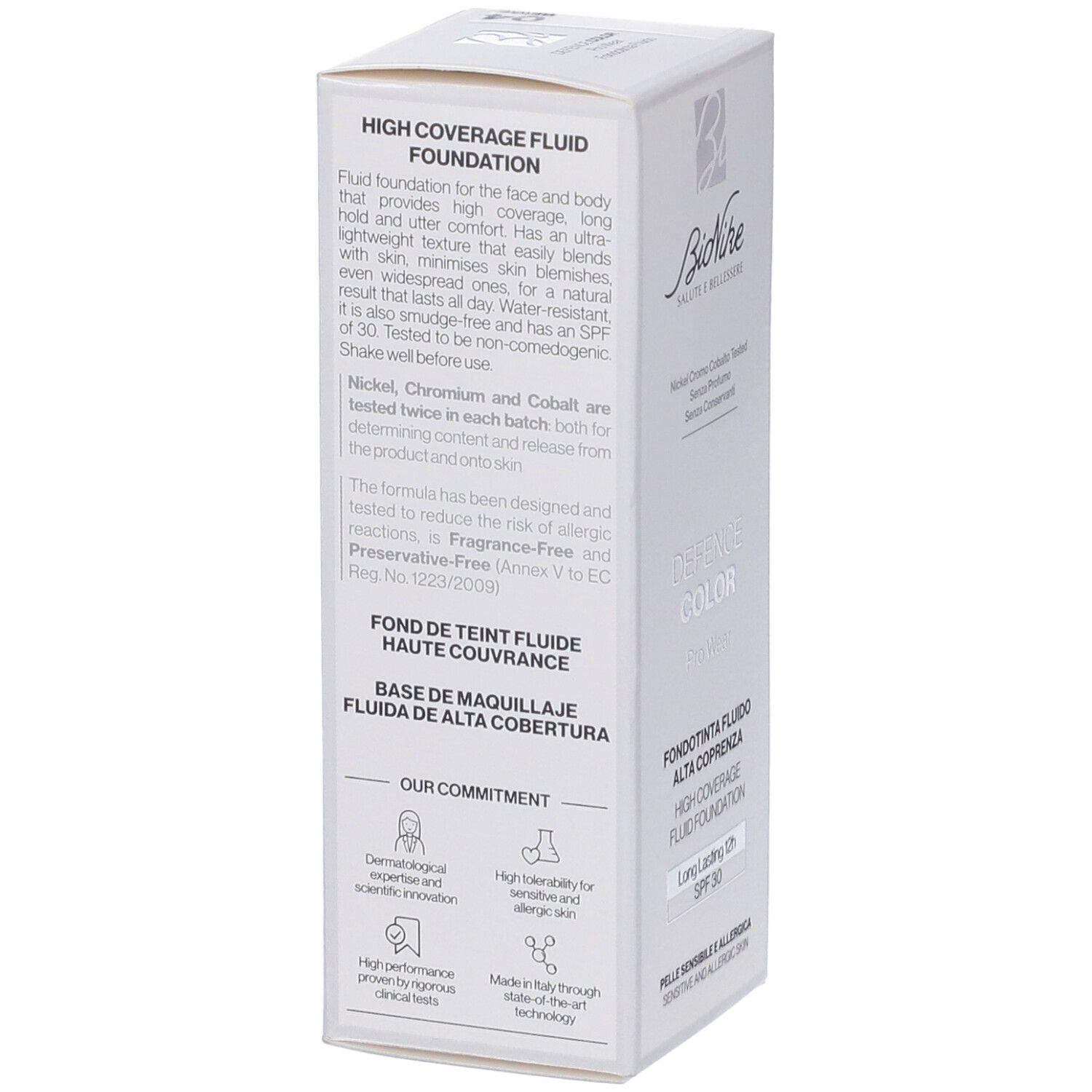 Confezione bianca. Testo su Fondotinta Fluido Alta Coprenza. Ingredienti, benefici e certificazioni.