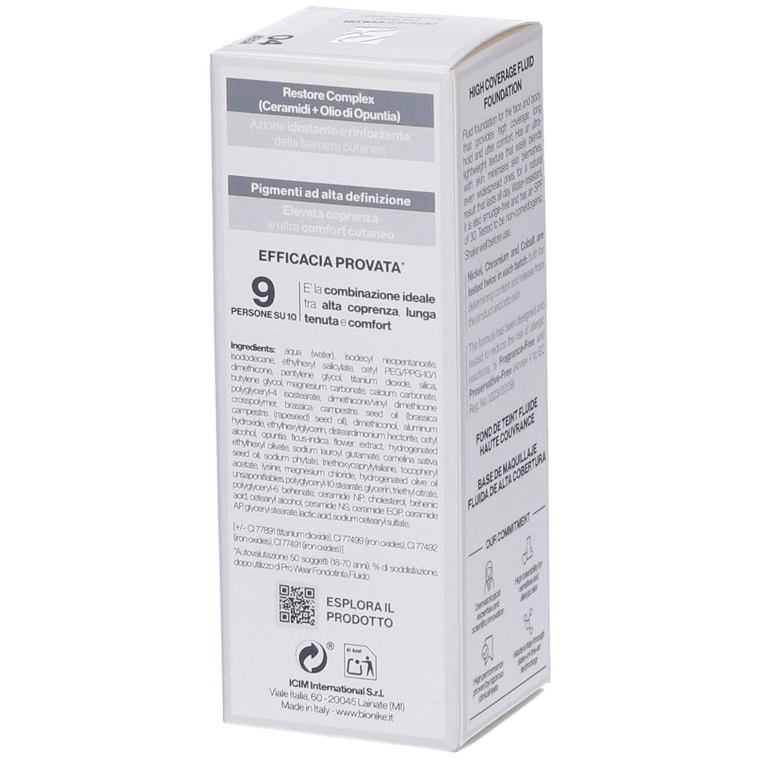 Confezione bianca. Testo su ingredienti e benefici. Codice QR. Logo Bionike. Efficacia provata.