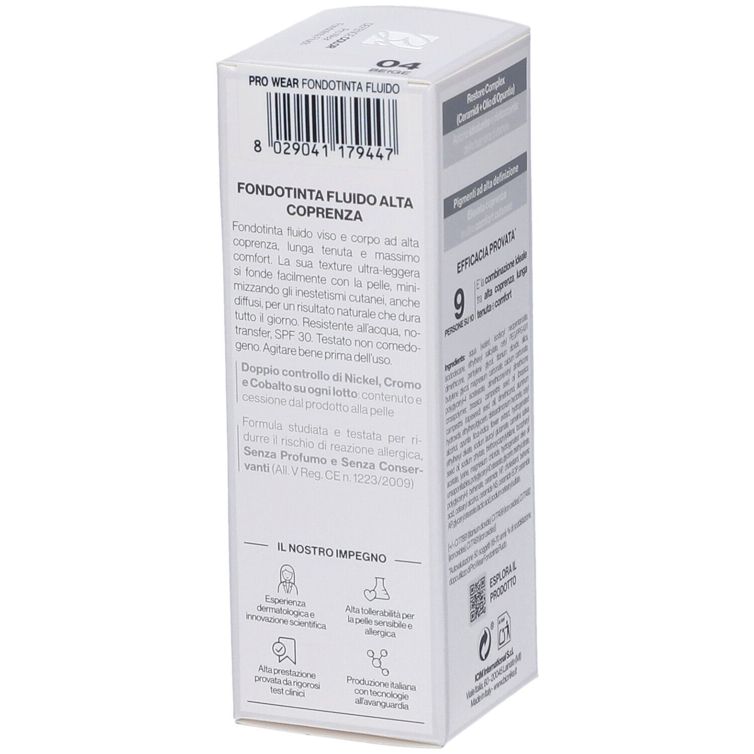 Confezione bianca. Testo su Fondotinta Fluido Alta Coprenza. Benefici e certificazioni. Logo Bionike.