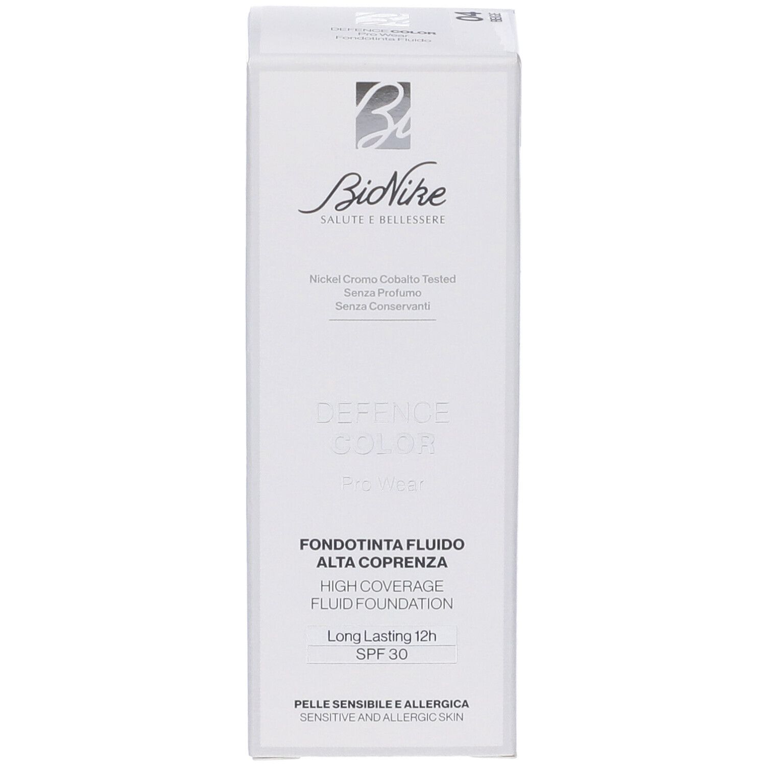 Confezione bianca. Logo Bionike. Defence Color Fondotinta Fluido. Alta Coprenza. SPF 30. Pelle sensibile e allergica.