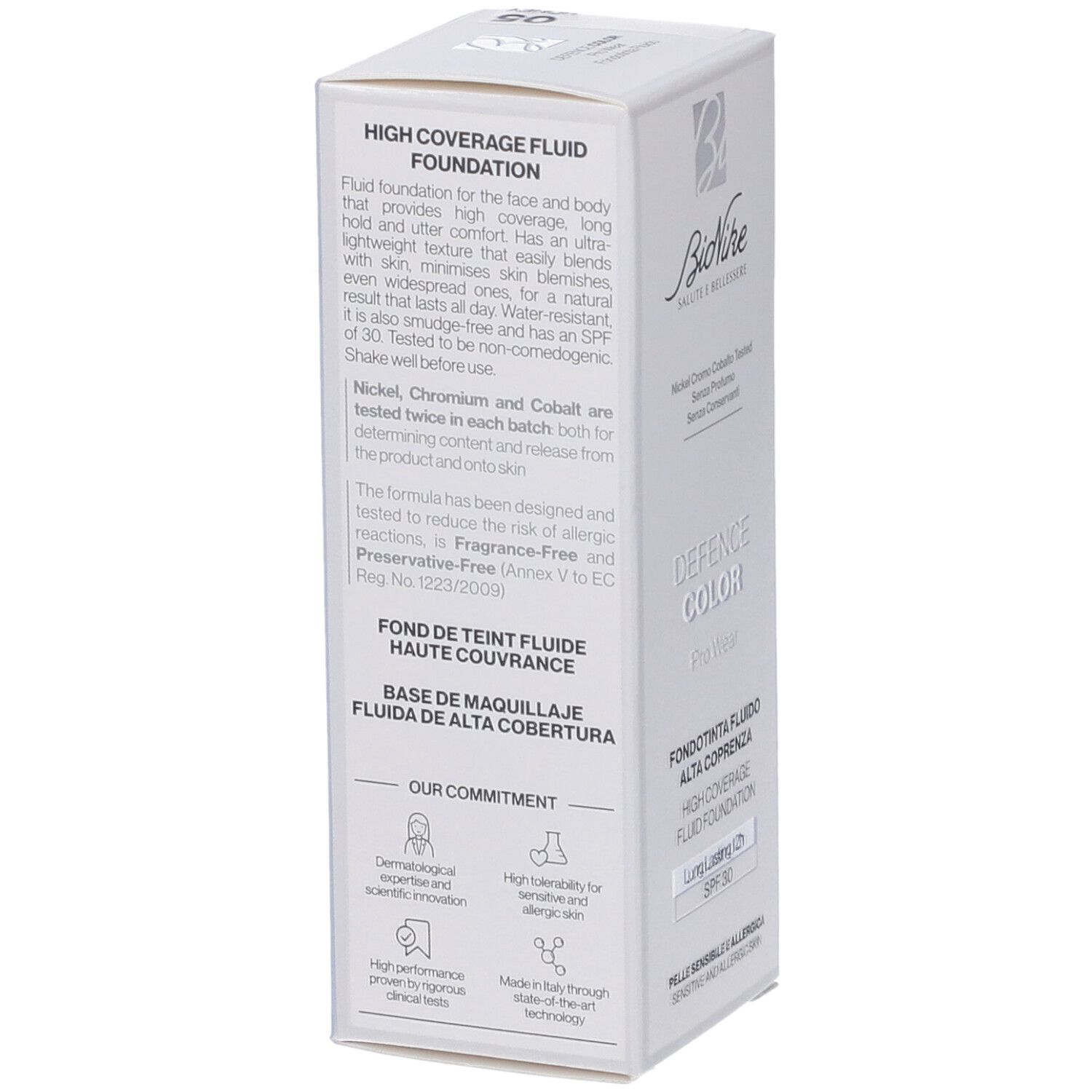 Bionike Defence Color Pro Wear Fondotinta Fluido. Confezione bianca. Testo: High Coverage Fluid Foundation. Dettagli sul retro.