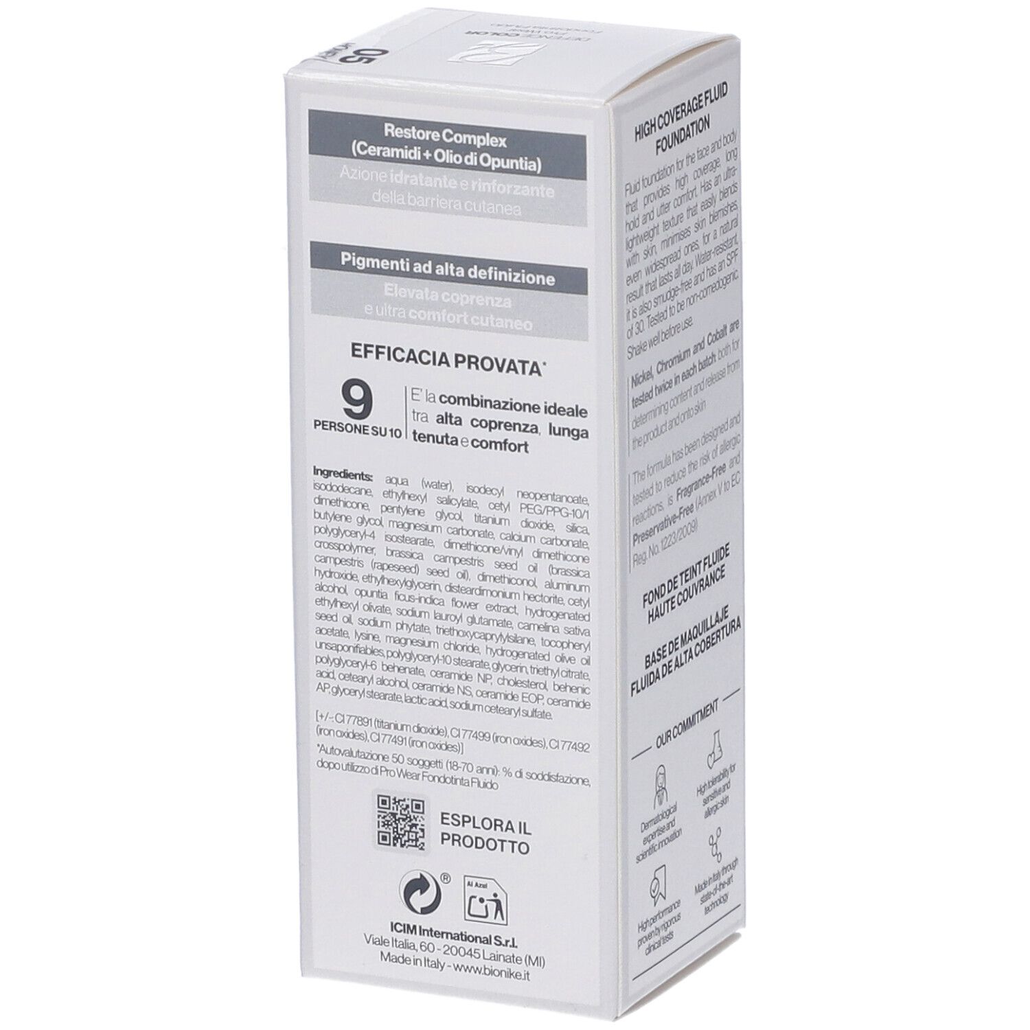Bionike Defence Color Pro Wear Fondotinta Fluido. Confezione bianca. Testo: Efficacia provata. Ingredienti e codice QR.
